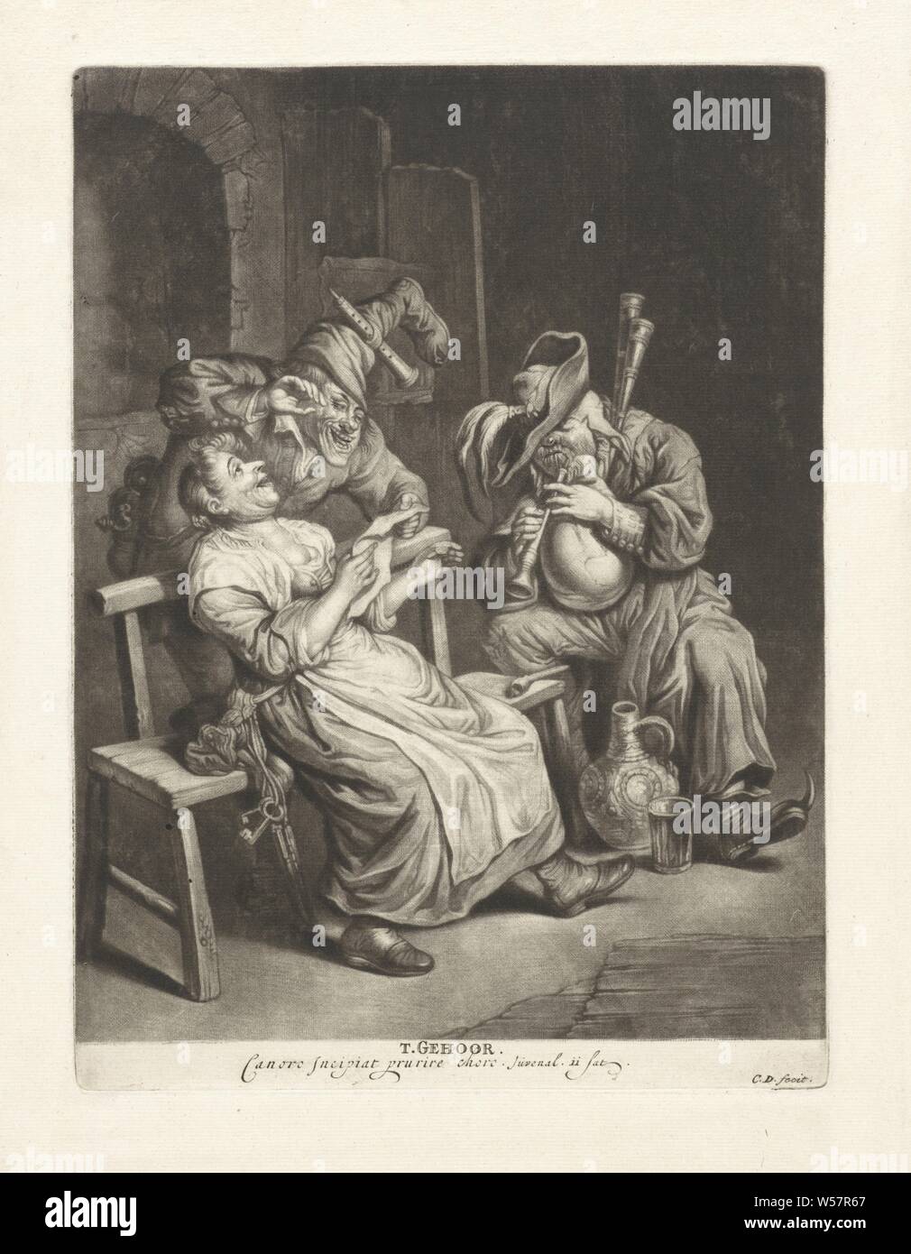 The hearing 'T Gehoor (title on object) The five senses (series title), A bagpipe player and a singing man and woman make music together. The man has an inverted boot on his head. The print is part of a series of five prints with the five senses, hearing, listening (one of the five senses), bagpipe, musette - CC - out of doors, vocal music, singing, Cornelis Dusart (mentioned on object), Haarlem, 1670 - 1704, paper, engraving, h 249 mm × w 183 mm Stock Photo