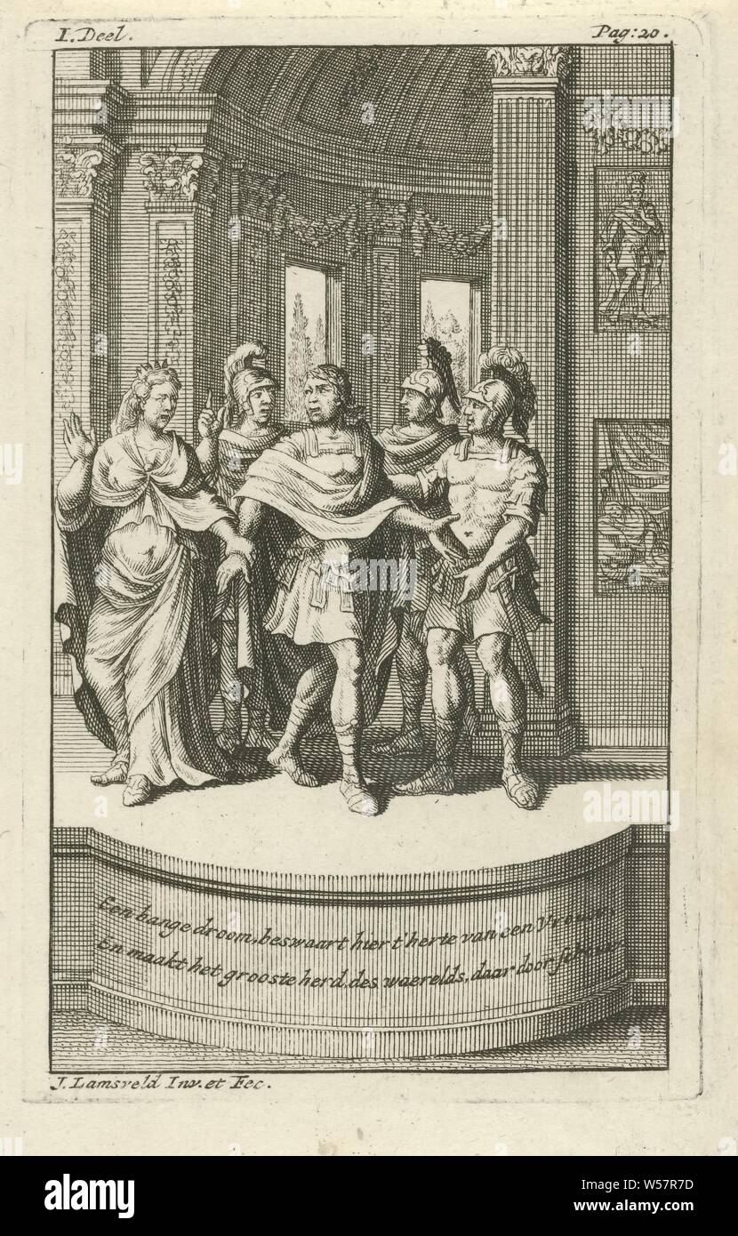 Calpurnia Pisonis tells Julius Caesar her dream, Calpurnia Pisonis tells her husband Julius Caesar of the dreams in which she was warned of danger. Caesar ignores her and gets ready to leave. The representation is explained in the two-line caption. The print is marked top left and right: I. Part. - Pag: 20. Manufactured in the tragedy translated 'The Death of Julius Cezar' from French, written by Marie-Anne Barbier, (story of) C. Julius Caesar, Jan Lamsvelt (mentioned on object), 1728, paper, etching, h 132 mm × w 83 mm Stock Photo