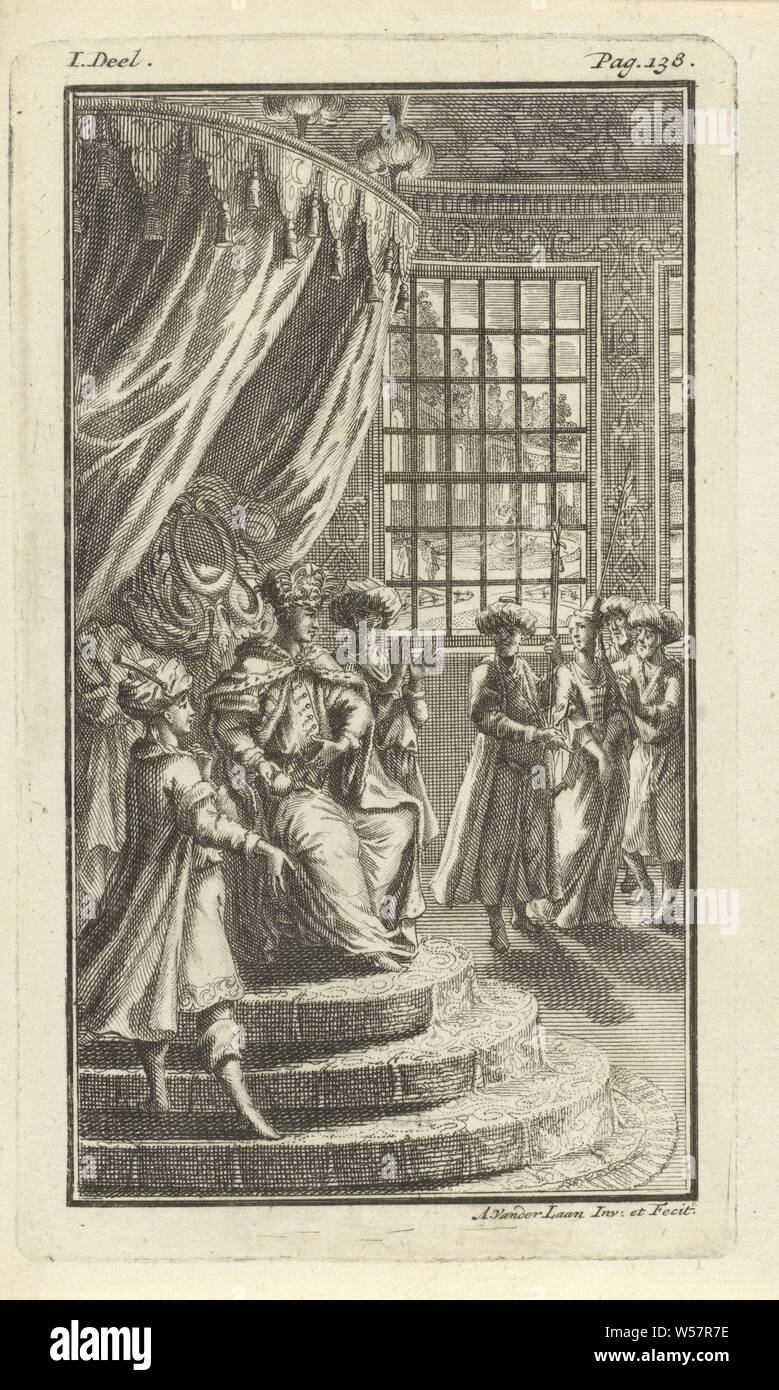 Empress led before emperor, The emperor watches from his throne how servants bring the handcuffed empress to him. Print top left and right marked: I. Part. - Pag: 138, throne, prisoner with hands bound (variant), Adolf van der Laan (mentioned on object), 1730, paper, etching, h 143 mm × w 84 mm Stock Photo