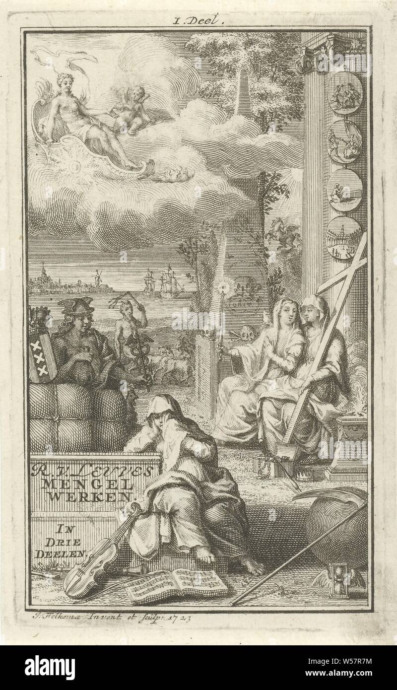 Allegorical figures at a funeral monument Title page for: R. van Leuve, Mengelwerken, 1723, Allegorical figures at a funeral monument decorated with skulls. Faith sits in front of the monument with a cross in its arms. A second veiled woman has a scepter above which the All-Seeing Eye. Mercury as the god of commerce stands by the arms of Amsterdam and looks at a grieving veiled woman. Venus sits on a shell in the air. Print, top center marked: I. Deel, grave-building, monument tomb, Faith, 'Fides', 'Fede', 'Fede catholica', 'Fede christiana', 'Fede christiana catholica' (Ripa), one of Stock Photo