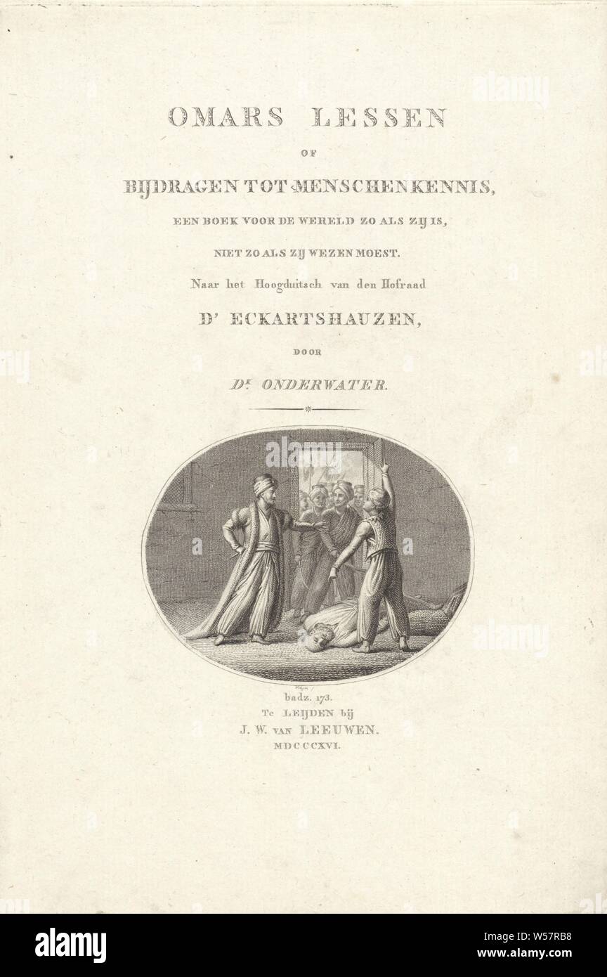 Army of men with turbans at a doorway Title page for: Eckartshausen, Omars lessons, 1816, A boy points to a man on the floor in an interior. Next to him is a man with a turban with a knife in his hand. Outside, seen through the doorway, there is a large number of armed men with turbans, head-gear: turban, index finger forwards, pointing, indicating, violent death by dagger, knife - EE - death not certain, wounded person, Philippus Velijn (mentioned on object), Leiden, paper, etching, h 240 mm × w 161 mm Stock Photo