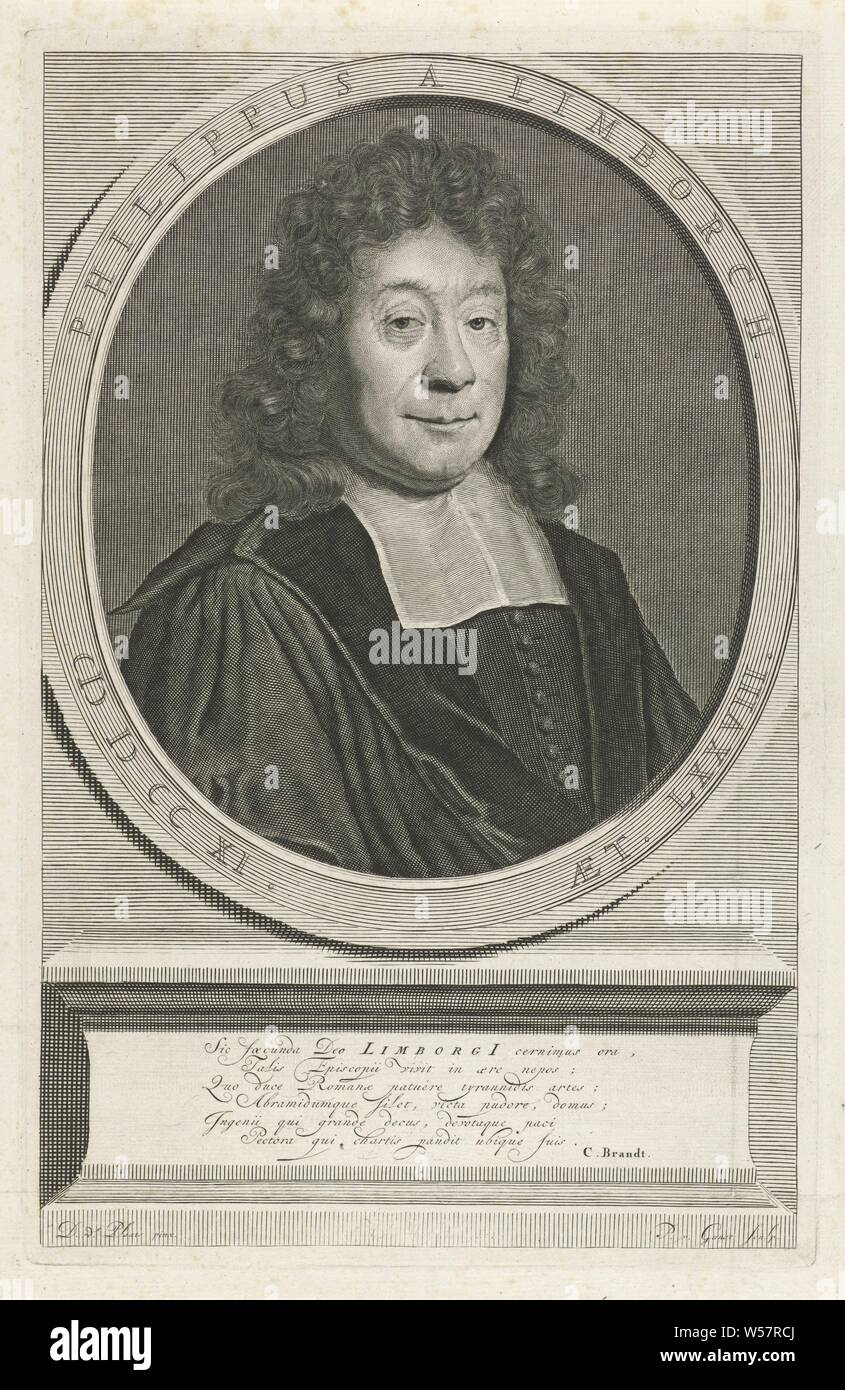Portrait of Philippus van Limborch at the age of 78, Philippus van Limborch at the age of 78. Amsterdam pastor and professor of remonstrants. The print has a Latin caption about his life, Philippus van Limborch, Pieter van Gunst (mentioned on object), Amsterdam, 1711 - 1731, paper, engraving, h 275 mm × w 176 mm Stock Photo