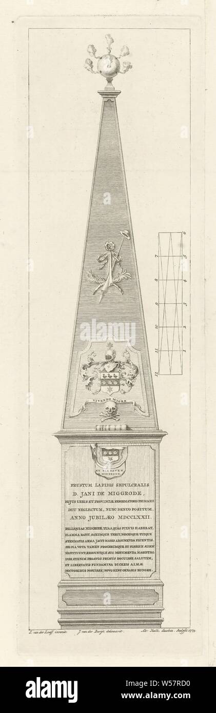 Memorial for John van Miggrode, Memorial for the church reformer John van Miggrode. In the middle is the family crest of the Van Miggrode family and their motto: Vivendo migro, with a skull and a bible below. A smoking censer on top of the obelisk. At the bottom thirteen lines of text in Latin, grave-building, monument tomb, Veere, Johannes van Miggrode, Abraham Jacobsz. Hulk (mentioned on object), Amsterdam, 1774, paper, engraving, h 338 mm × w 98 mm Stock Photo