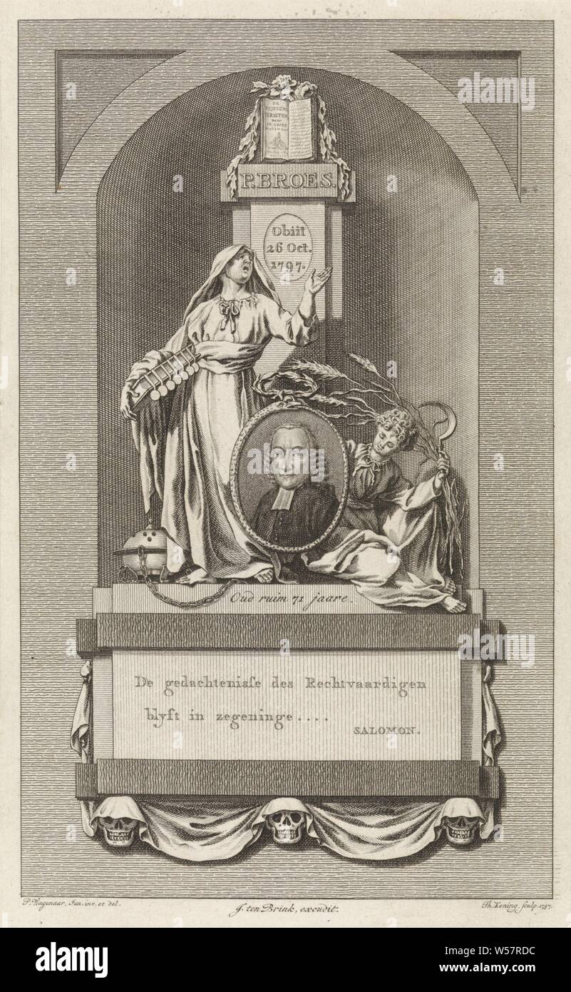 Memorial for Petrus Broes, Allegorical funeral monument for the pastor Petrus Broes. On the right the personification of Time, with ears of corn and a sickle, that puts an end to life. On the left a wailing woman with a book under her arm. They flank the oval portrait bust of Broes, framed by the Ouroboros: a snake that bites its own tail: the sign of eternity. Behind the portrait a column with the family crest decorated with flowers. Below the monument three skulls, other memorial structures, serpent Ouroboros, agricultural implements: sickle, Petrus Broes, Theodoor Koning (mentioned Stock Photo