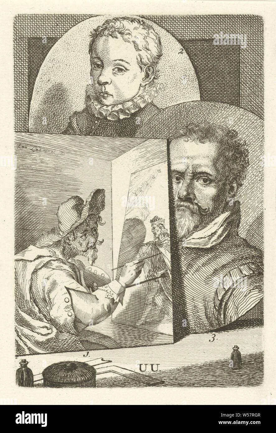 Portraits of Joachim Wtewael, Zacharias Dolendo and Hendrik de Keyser I, Three numbered artist's portraits. Portrait of Joachim Wtewael (no. 1), Zacharias Dolendo (no. 2) and Hendrik de Keyser I (no. 3). Print marked lower center: UU, Joachim Wtewael, Zacharias Dolendo, Hendrik de Keyser (I), Jan l'Admiral (mentioned on object), 1764, paper, etching, h 154 mm × w 104 mm Stock Photo