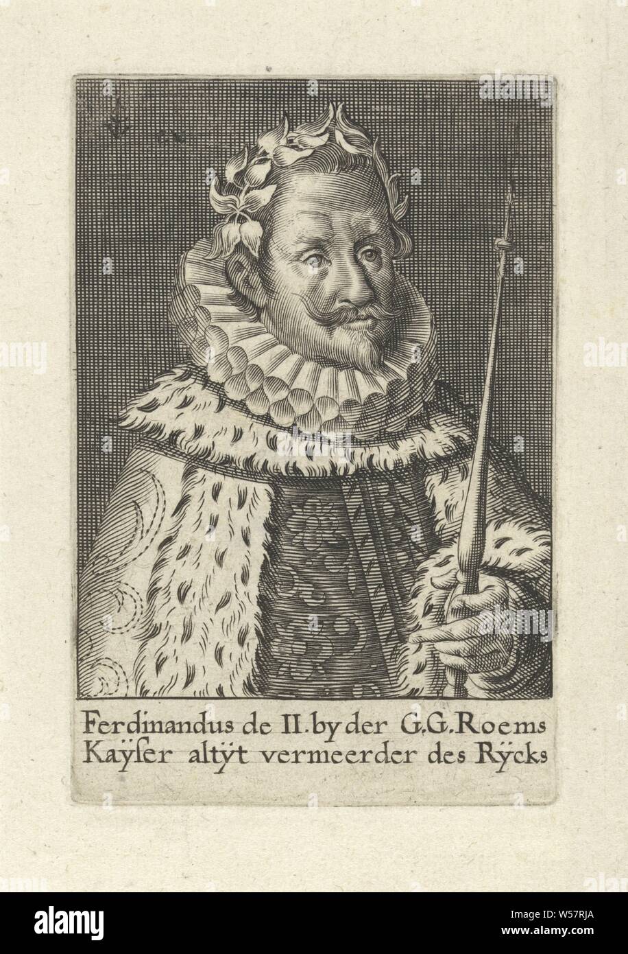 Portrait of Ferdinand II, German emperor, crown (symbol of sovereignty), insignia and symbols of sovereignty (crown, diadem, scepter, orb, seal, standard, cloak, pectoral), Ferdinand II ( German emperor), anonymous, Amsterdam, 1619 - 1652, paper, engraving, h 105 mm × w 69 mm Stock Photo