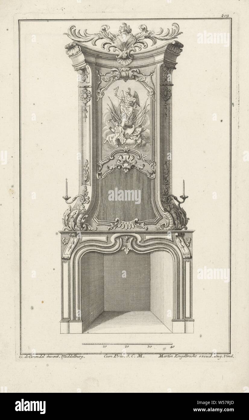 Design for a chimney with Victoria Neü inventierte Camine (series title), Design for a chimney with a depiction of Victoria, the winged victory, which is based on a drum, weaponry and prisoners of war. The mantelpiece is decorated with leaf ornaments. Middle below a scale. Print number 203., chimney, 'Victoria', 'Vittoria', 'Vittoria navale', 'Vittoria degl'antichi' (Ripa), ornaments, art, anonymous, Augsburg, 1708 - 1756, paper, engraving, h 288 mm × w 183 mm Stock Photo