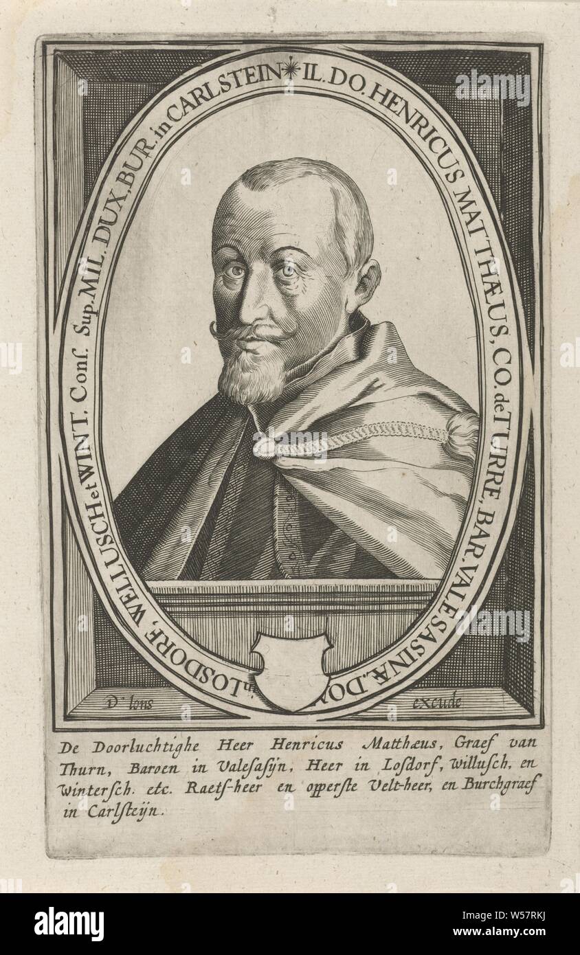 Portrait of Henrik Matthias, Earl of Thurn, Earl of Thurn. With family crest to be completed and a four-line caption, Henrik Matthias von Thurn, Dirk Eversen Lons, 1609 - 1686, paper, engraving, h 178 mm × w 111 mm Stock Photo