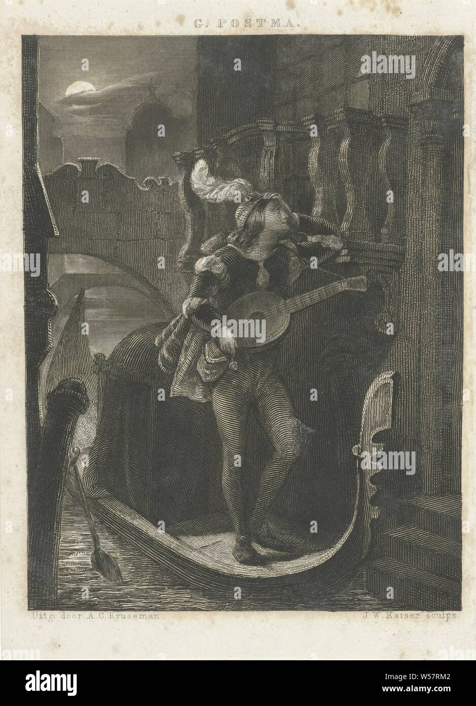 Gondola by moonlight, A young man stands by moonlight in a gondola, a lute in his hands, in front of a door of a home in Venice. He is wearing a money pouch. In the background two bridges, gondola, tuning the lute, full moon, Venice, Johann Wilhelm Kaiser (I) (mentioned on object), 1840 - 1877, paper, etching, h 128 mm × w 92 mm Stock Photo