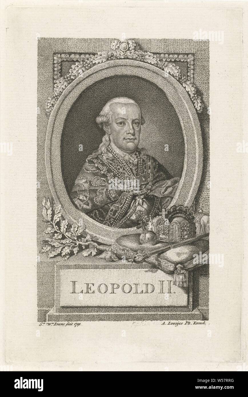 Portrait of Leopold II, Archduke of Austria, Grand Duke of Tuscany, Prince of the Southern Netherlands, King of Bohemia and Emperor of the Holy Roman Empire. Depicted in an oval frame with oak leaf decoration. On the console a crown, scepter and apple of the kingdom, Leopold II (Emperor of Austria), Sophia Wilhelmina Evans (mentioned on object), Rotterdam, 1791, paper, h 187 mm × w 123 mm Stock Photo