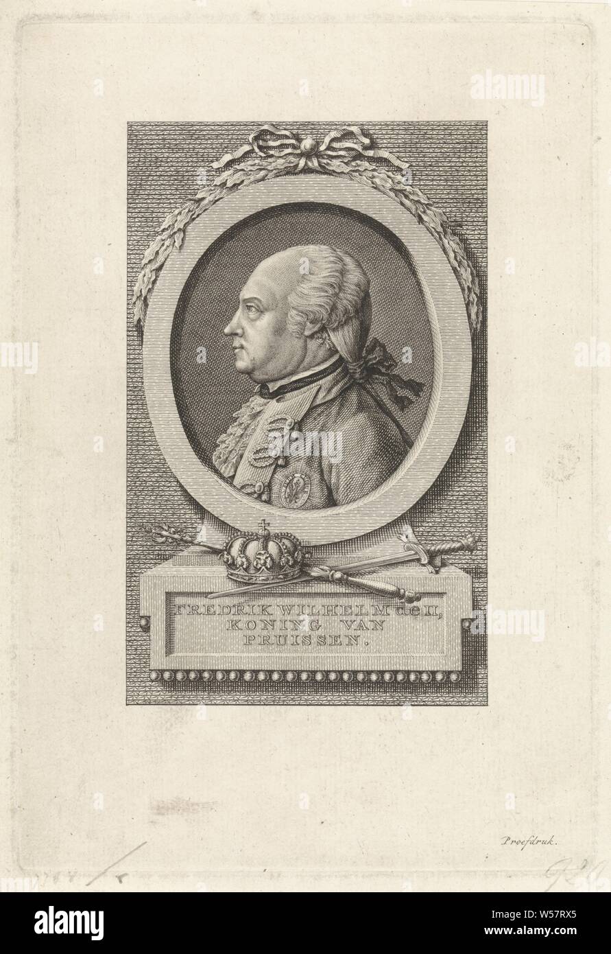 Portrait of Frederick William II, King of Prussia, Portrait bust of Frederick William II, King of Prussia. He is wearing a bow in her hair. Underneath his portrait two swords and a crown. In the plaque a three-line text, Frederick William II (King of Prussia), Theodoor Koning, Amsterdam, 1788, paper, engraving, h 205 mm × w 137 mm Stock Photo