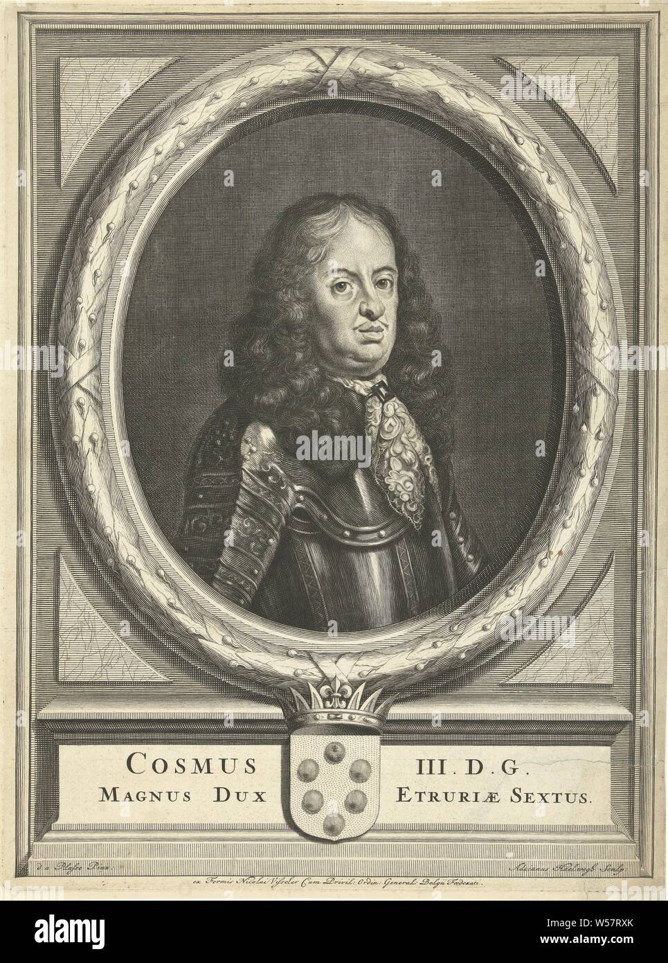 Portrait of Cosimo III de Medici, Half-length portrait to the right of Cosimo III de Medici, Grand Duke of Tuscany, wearing an armor, surrounded in an oval with a laurel wreath. At the bottom are his coat of arms with a crown and his name and title, lace, military clothing and other equipment (uniforms, cap, armor, helmet, etc.), Cosimo III de'Medici, Adriaen Haelwegh (mentioned on object), in or after 1670 - 1677, paper, engraving, h 355 mm × w 283 mm Stock Photo