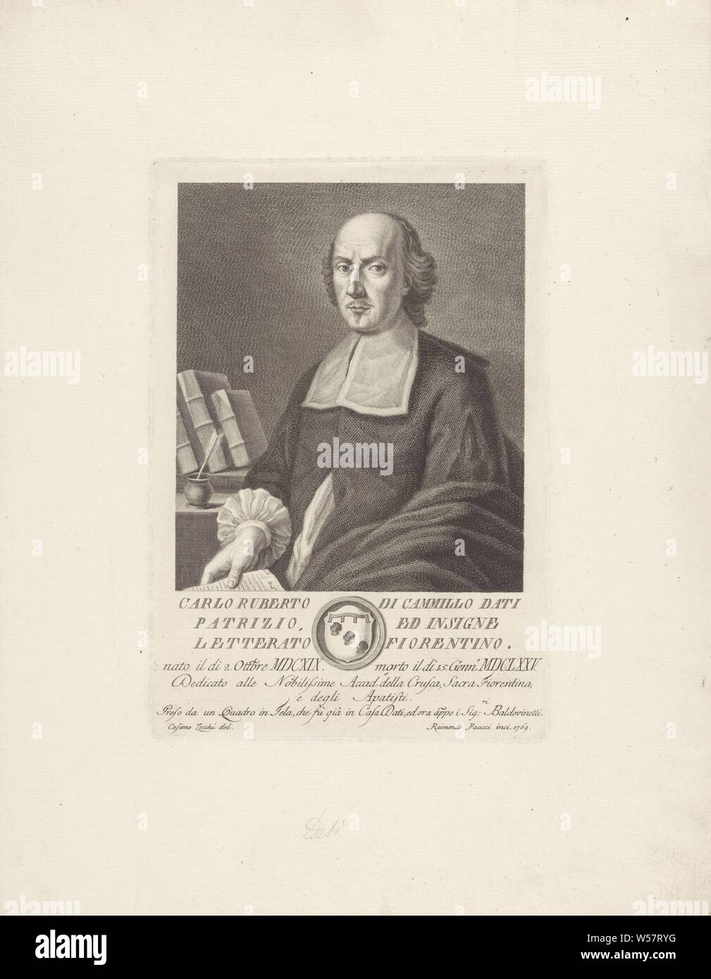 Portrait of Carlo Roberto Dati Portraits of famous Italians with a coat of arms in a lower margin (series title), historical persons, Carlo Roberto Dati, Raimondo Faucci (mentioned on object), Italy, 1769, paper, engraving, h 294 mm × w 202 mm Stock Photo