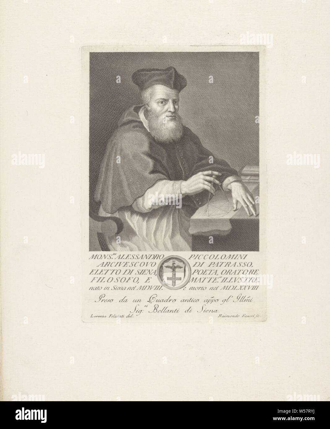 Portrait of Alessandro Piccolomini Portraits of famous Italians with a coat of arms in lower margin (series title), historical persons, Alessandro Piccolomini, Raimondo Faucci (mentioned on object), Italy, c. 1750 - c. 1800, paper, engraving, h 292 mm × w 195 mm Stock Photo