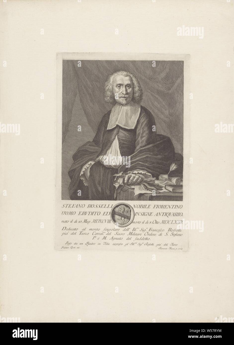 Portrait of Stefano Rosselli Portraits of famous Italians with a coat of arms in a lower margin (series title), historical persons, Stefano Rosselli, Raimondo Faucci (mentioned on object), Italy, 1764, paper, engraving, h 294 mm × w 201 mm Stock Photo