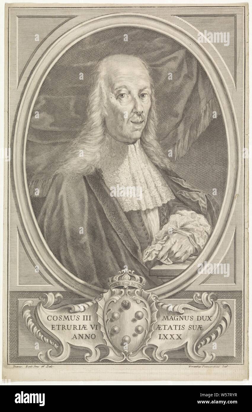 Portrait of Cosimo III de 'Medici, duke of Parma, historical persons, ruler, sovereign, Cosimo III de'Medici, Vincenzo Franceschini (mentioned on object), Italy, 1690 - 1750, paper, engraving, h 338 mm × w 220 mm Stock Photo