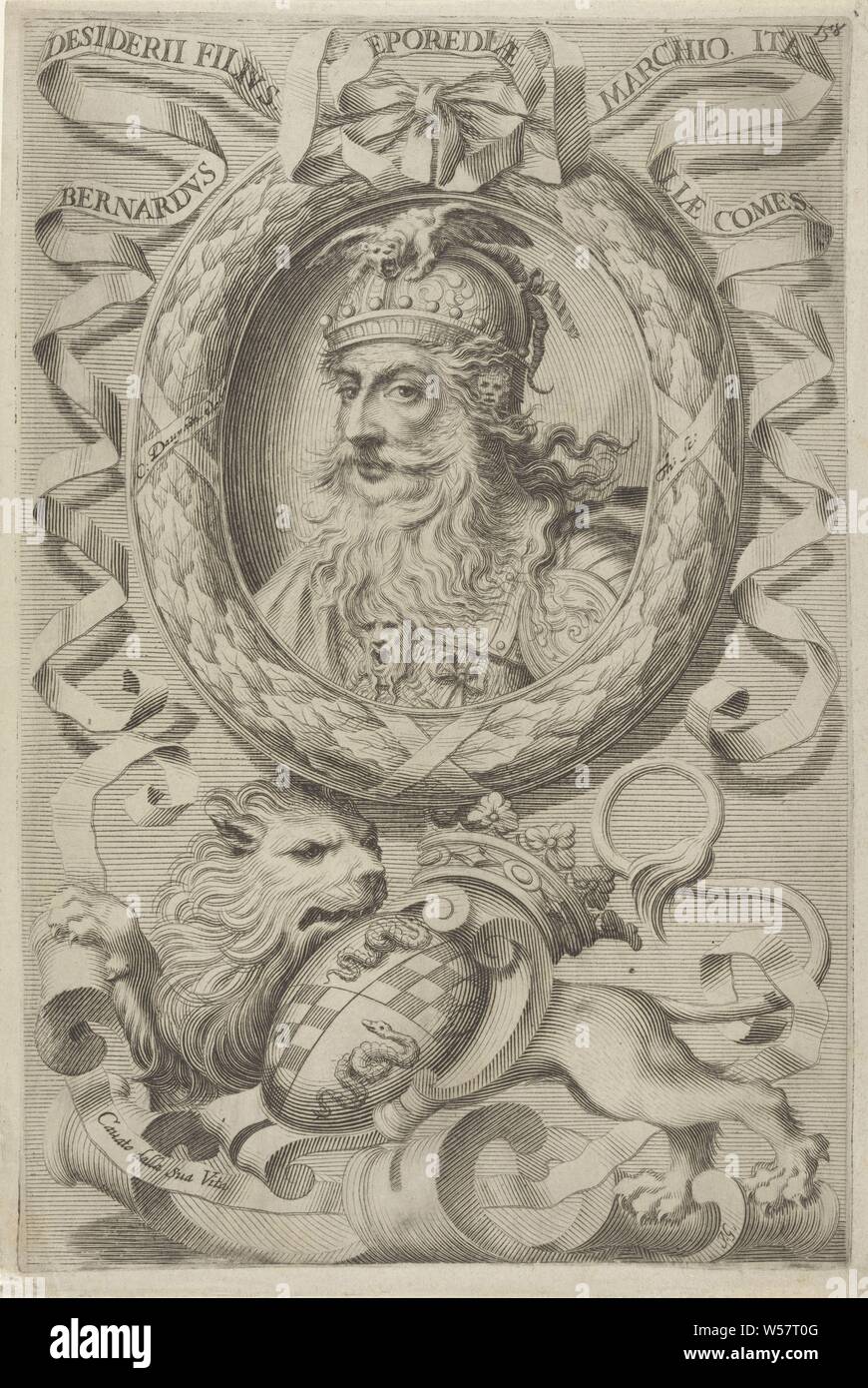 Portrait of Bernardus Desiderii Bernardus Desiderii filius Eporediae marchio Italiae comes (title on object), Numbered top right: 158, historical persons, coat of arms (symbol of sovereignty), beasts of prey, predatory animals: lion, Bernardus Desiderii, Joseph Greuter (mentioned on object), Italy, c. 1650, paper, engraving, h 248 mm × w 165 mm Stock Photo