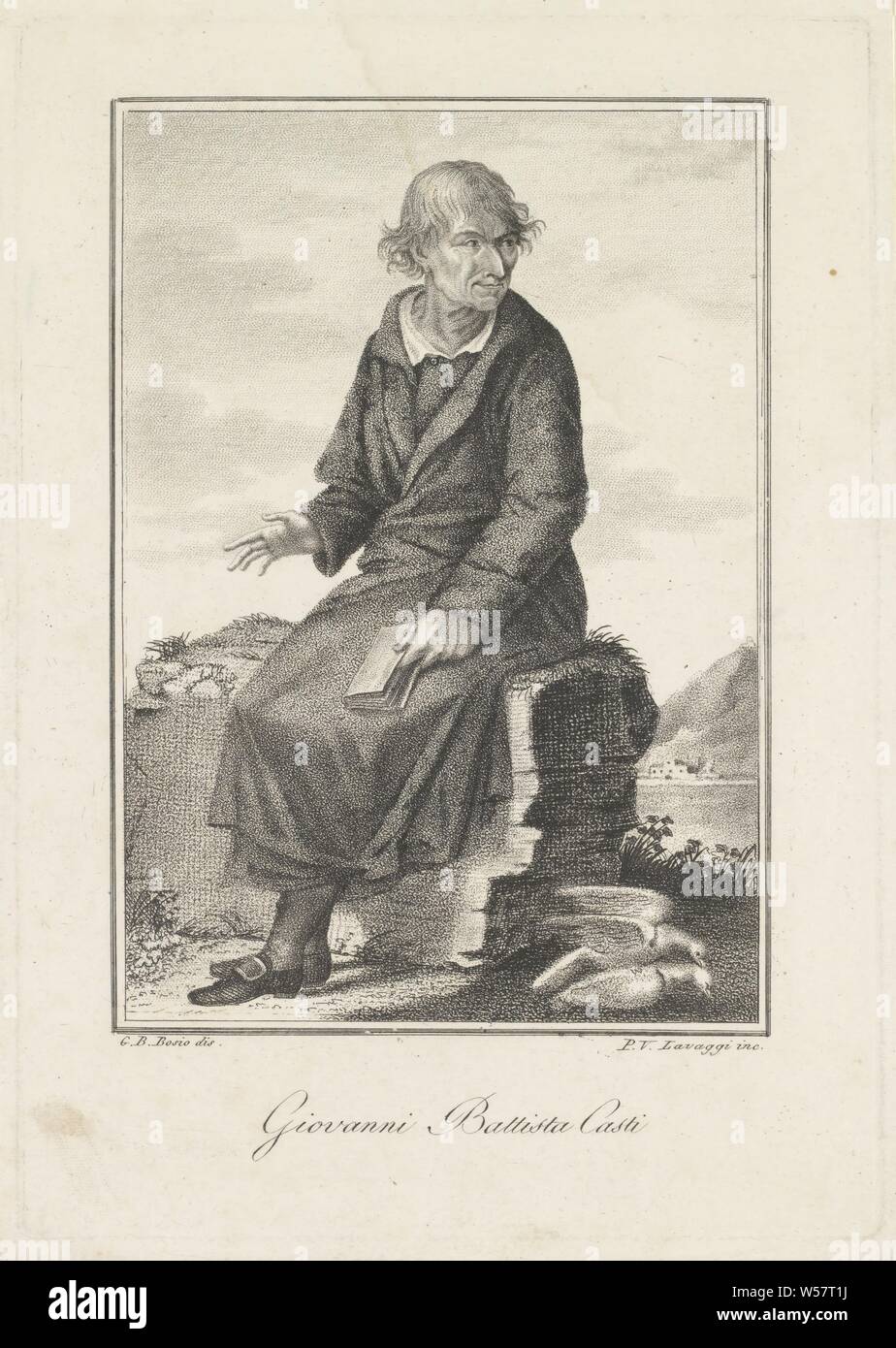 Portrait of poet Giovanni Battista Casti in a landscape, historical persons, portrait of a writer, writer, poet, author, Giovanni Battista Casti, P.V. Lavaggi (mentioned on object), Italy, 1800 - 1899, paper, etching, h 220 mm × w 156 mm Stock Photo