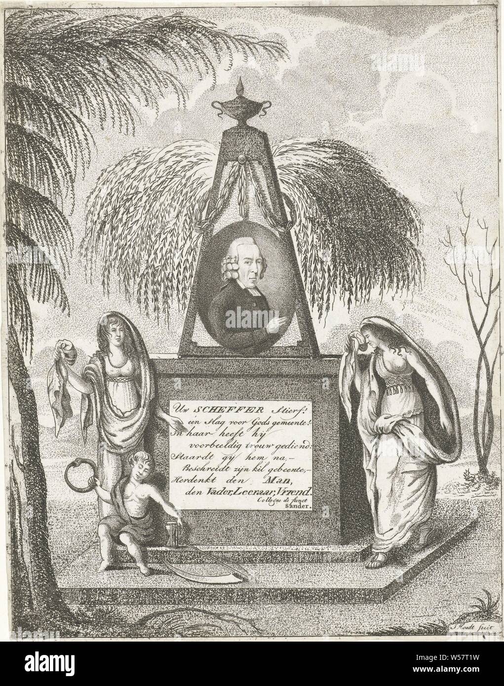 Portrait of Scheffer on a grave monument, Grave monument with a portrait to the right of Scheffer, half to the right. Two women in antique robes and a child grieve at a tomb in a landscape. The child is surrounded by a scythe, hourglass and an ouroboros, a snake that bites its own tail, as a mythical symbol for eternity. On the monument a text of ten lines in Dutch, grave-building, monument tomb, Jacob Hugo Hoedt (mentioned on object), Rotterdam, 1785 - 1826, paper, etching, h 212 mm × w 167 mm Stock Photo