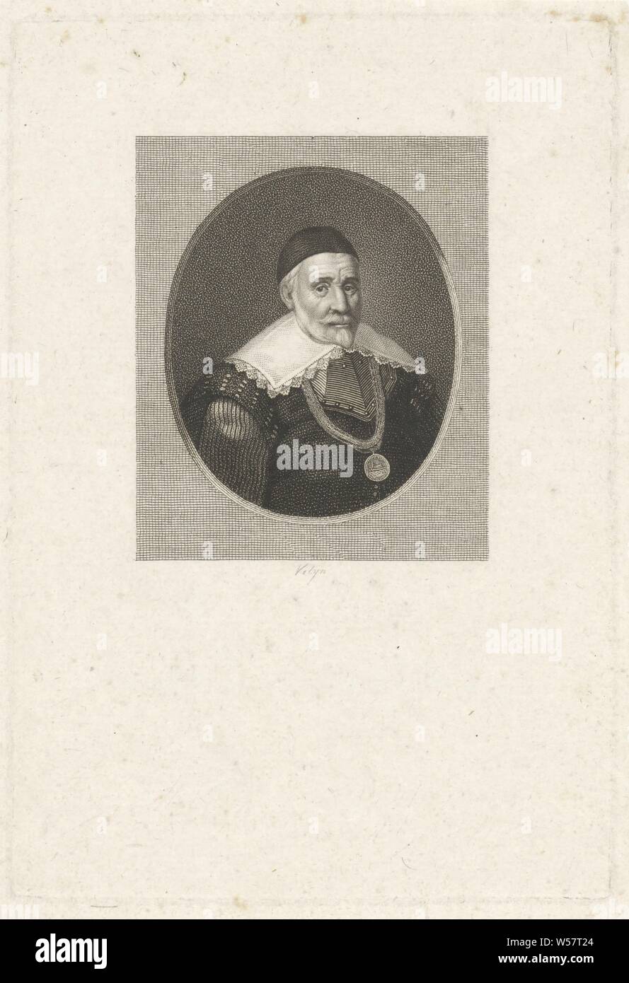 Portrait of Adriaen Joosten van Bergen, one of the peat skippers in Breda. On 4 March 1590, Van Bergen brought 72 State soldiers into the city of Breda with his cargo of peat for the Spanish occupiers. They recaptured the fortress from the Spaniards and brought the city and castle back into the hands of Prince Maurits, Breda, Adriaen Joosten van Bergen, Philippus Velijn (mentioned on object), Netherlands, 1797 - 1836, paper, etching, h 151 mm × w 102 mm Stock Photo