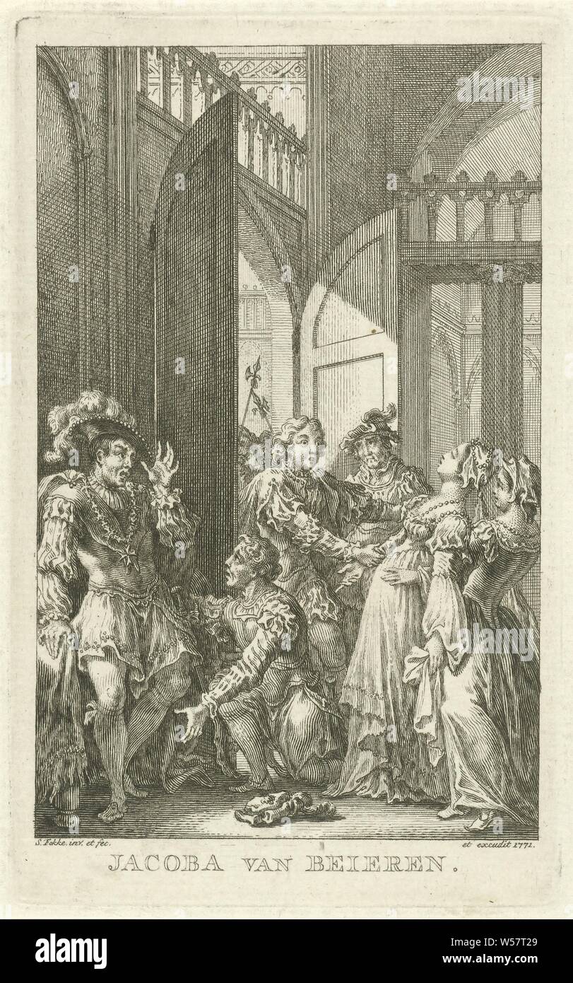 Jacoba van Beieren faints Jacoba van Beieren (title on object), Jacoba van Beieren faints at the sight of a male guest. She is taken care of by a woman standing behind her. To the left of the door two noblemen are talking. This print was made for Jan de Marre's tragedy 'Jacoba van Beieren, Countess of Holland and Zeeland', tragedy, fainting, swooning, Simon Fokke (mentioned on object), Amsterdam, 1771, paper, etching, h 140 mm × w 87 mm Stock Photo