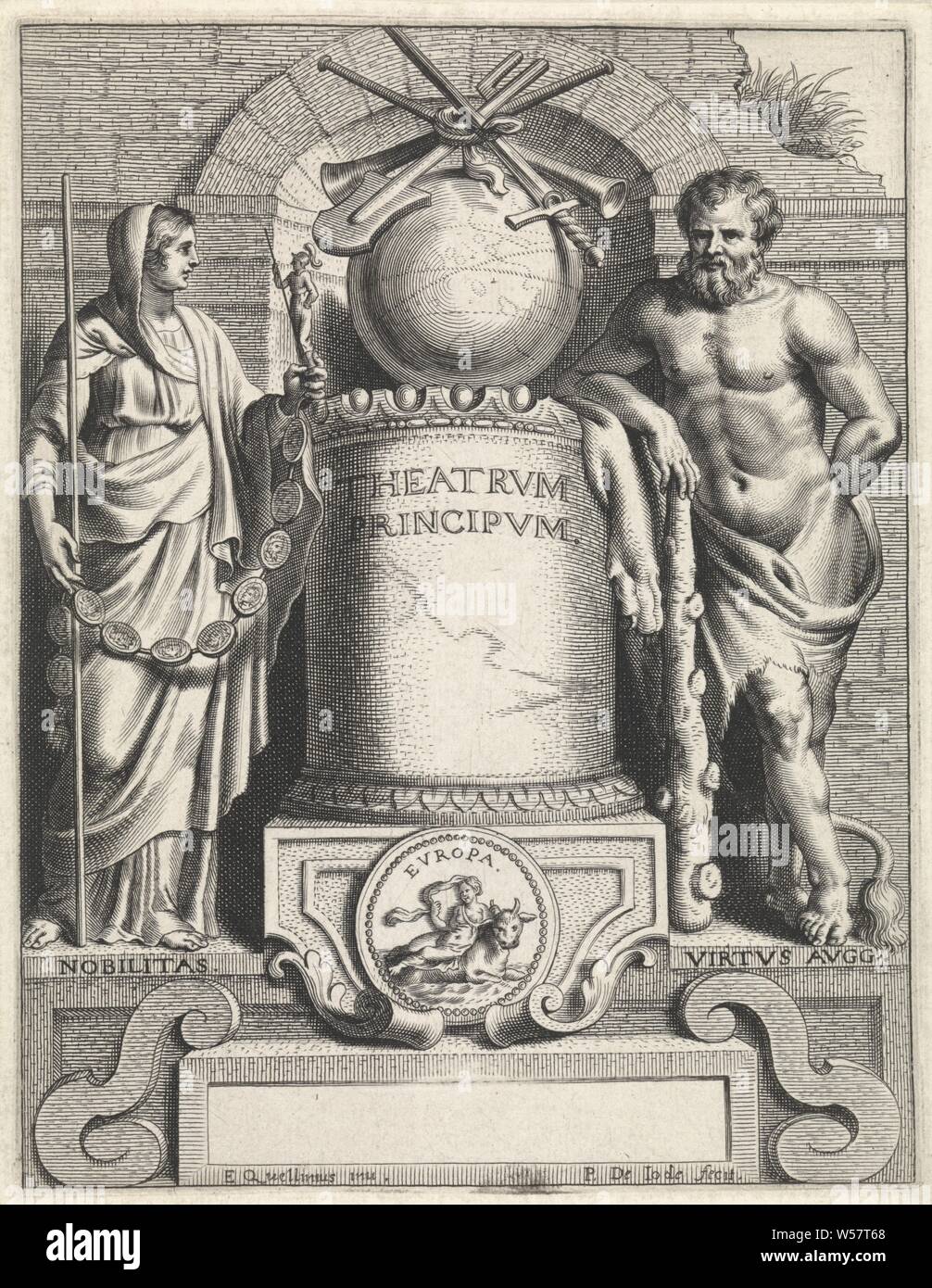 Title print with Hercules and personification of History. Latin on a
