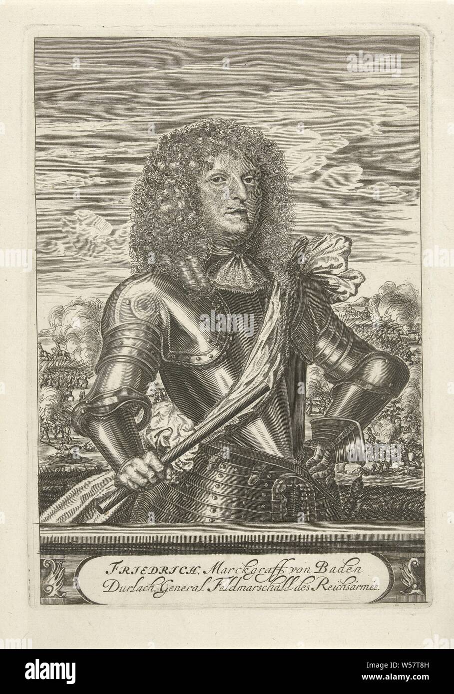 Portrait of Frederick IV of Baden, Half-length portrait to the right of Frederik van Baden, dressed in a suit of armor over which a sash. He holds a command staff in his right hand, and a battle is depicted in the background. Under his portrait a plinth, on which his name and title in two lines in a cartouche, military clothing and other equipment (uniforms, cap, armor, helmet, etc.), battle (cavalry, horsemen), bishop of Utrecht Frederik IV of Baden, Christiaan Hagen, Amsterdam, c. 1663 - 1695, paper, etching, h 226 mm × w 157 mm Stock Photo