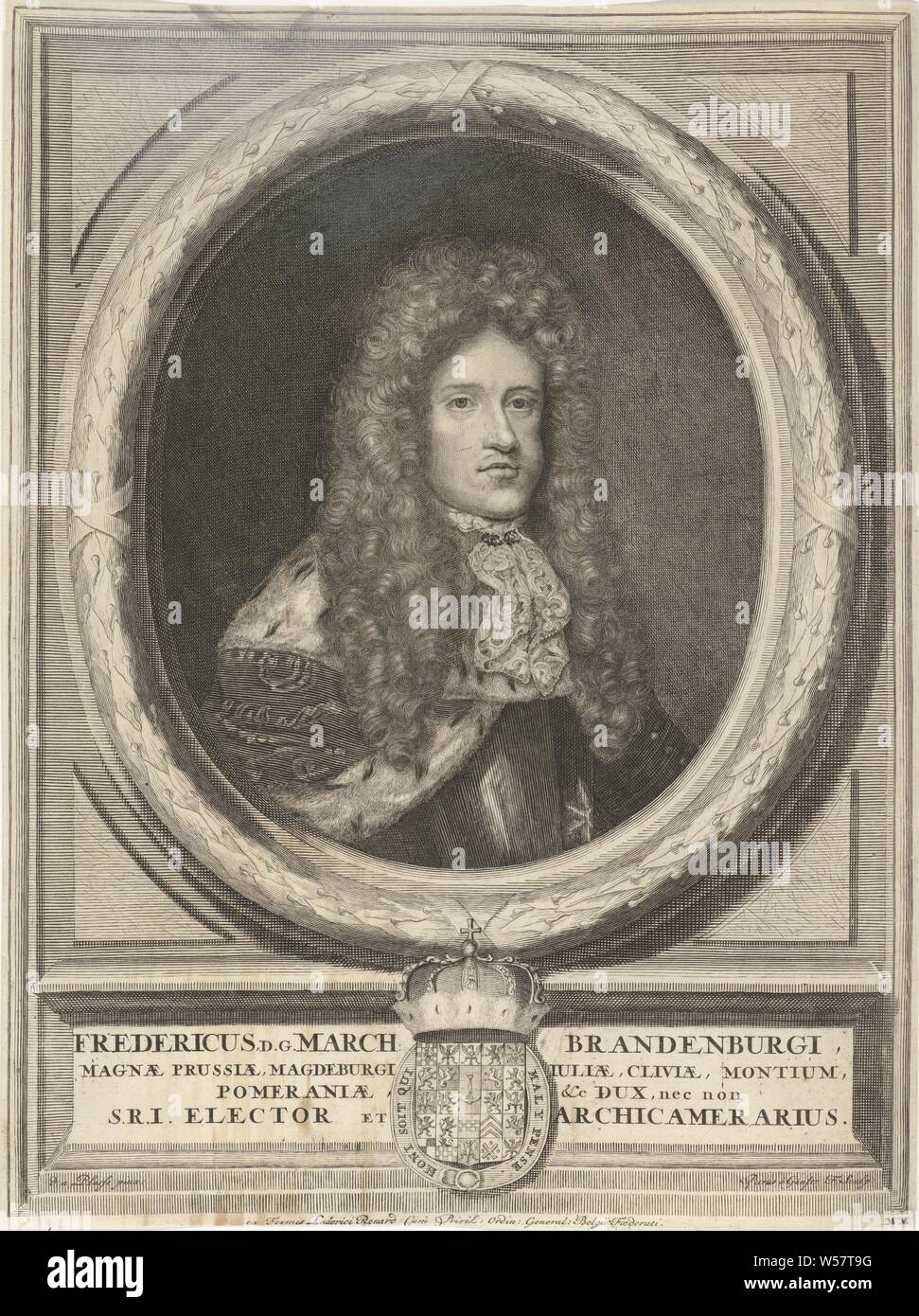 Portrait of Frederick I of Prussia, Frederick I, King of Prussia and as Frederick III, Elector of Brandenburg. Below the portrait are coat of arms, Frederick I king of Prussia, Pieter van Gunst (mentioned on object), Amsterdam, 1708 - 1711, paper, engraving, w 278 mm × h 368 mm Stock Photo
