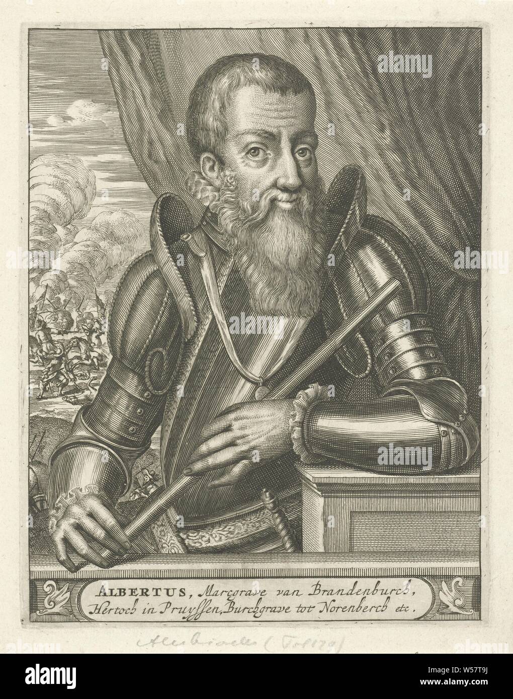 Portrait of Albert of Brandenburg, Half-length portrait of Albert of Brandenburg, dressed in armor with a command staff in front of him. A diamond is depicted in the background. Under his portrait a plinth, on which his name and title in two lines in a cartouche, military clothing and other equipment (uniforms, cap, armor, helmet, etc.), battle (cavalry, horsemen), beard, Albrecht von Brandenburg, Christiaan Hagen, Amsterdam, c. 1635 - 1695, paper, etching, h 183 mm × w 141 mm Stock Photo