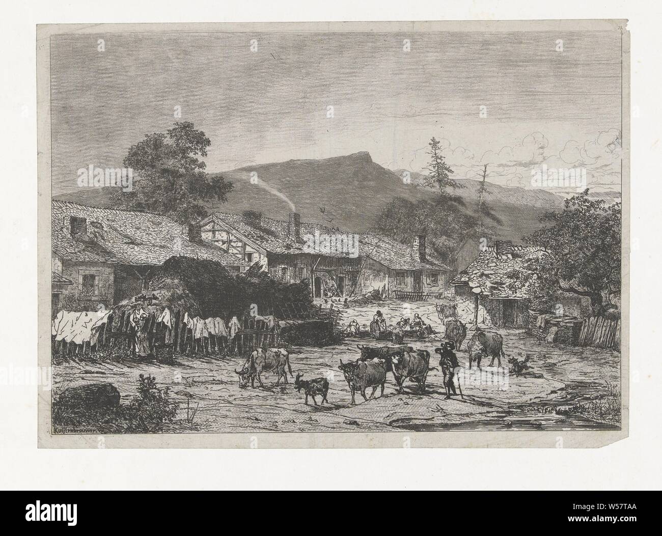 View of Mortehan, View of the Belgian village of Mortehan. In the foreground a shepherd blowing on a cow horn with his herd of cows, a goat and a dog. To the left is a woman drying her laundry on a fence and diagonally behind the haystack a group of women do the laundry. In the background you can see hills, cow, goat, dog, hanging the wash to dry, herding, herdsman, herdswoman, shepherd, shepherdess, cowherd, etc, low hill country, Martinus Antonius Kuytenbrouwer jr. (mentioned on object), Netherlands, 1831 - 1897, paper, etching, h 265 mm × w 383 mm Stock Photo