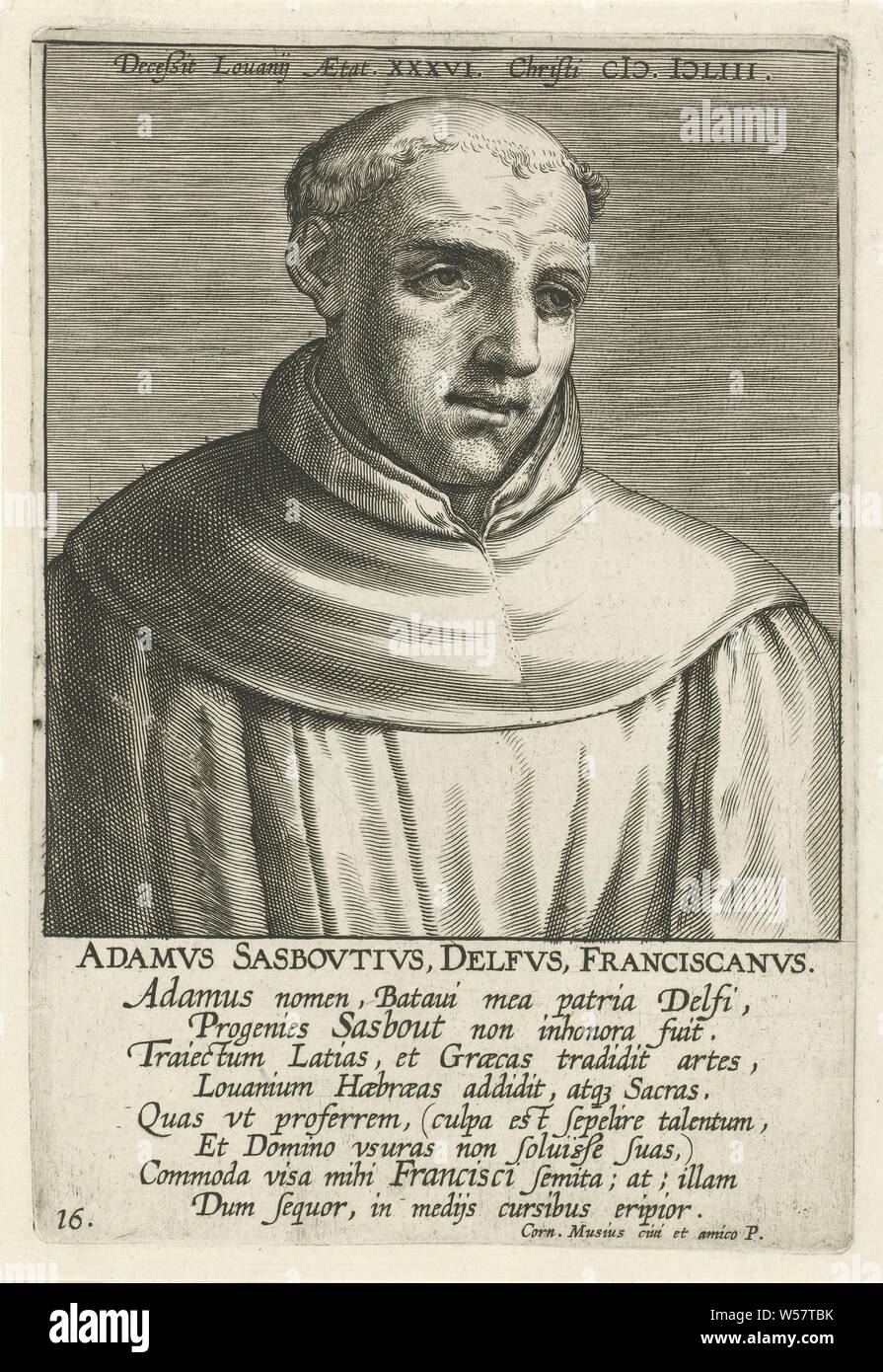 Portrait of Adam Sasbout Adamvs Sasbovtivs Delfvs Franciscanvs (title on object) Portraits of famous Dutch and Flemish scholars (series title) Illustrium Galliae Belgicae icones et elogi (series title), Portrait of Adam Sasbout Franciscan monk and professor of theology in Leuven. Bust to the right. The print has a Latin top and signature and is part of a series of famous Dutch and Flemish scholars, Adam Sasbout, Philips Galle (attributed to workshop of), Antwerp, 1604, paper, engraving, h 163 mm × w 110 mm Stock Photo
