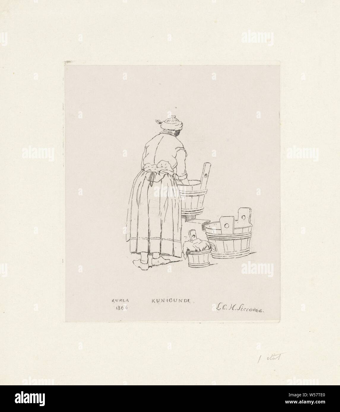 Laundress Kunigunde (title on object), A woman does laundry in a large tub. A second tub stands on the floor next to her. In addition, a smaller tub with laundry, wash house, home laundry, laundry room, Louis Charles Hora Siccama (mentioned on object), 1864, paper, etching, h 146 mm × w 120 mm Stock Photo