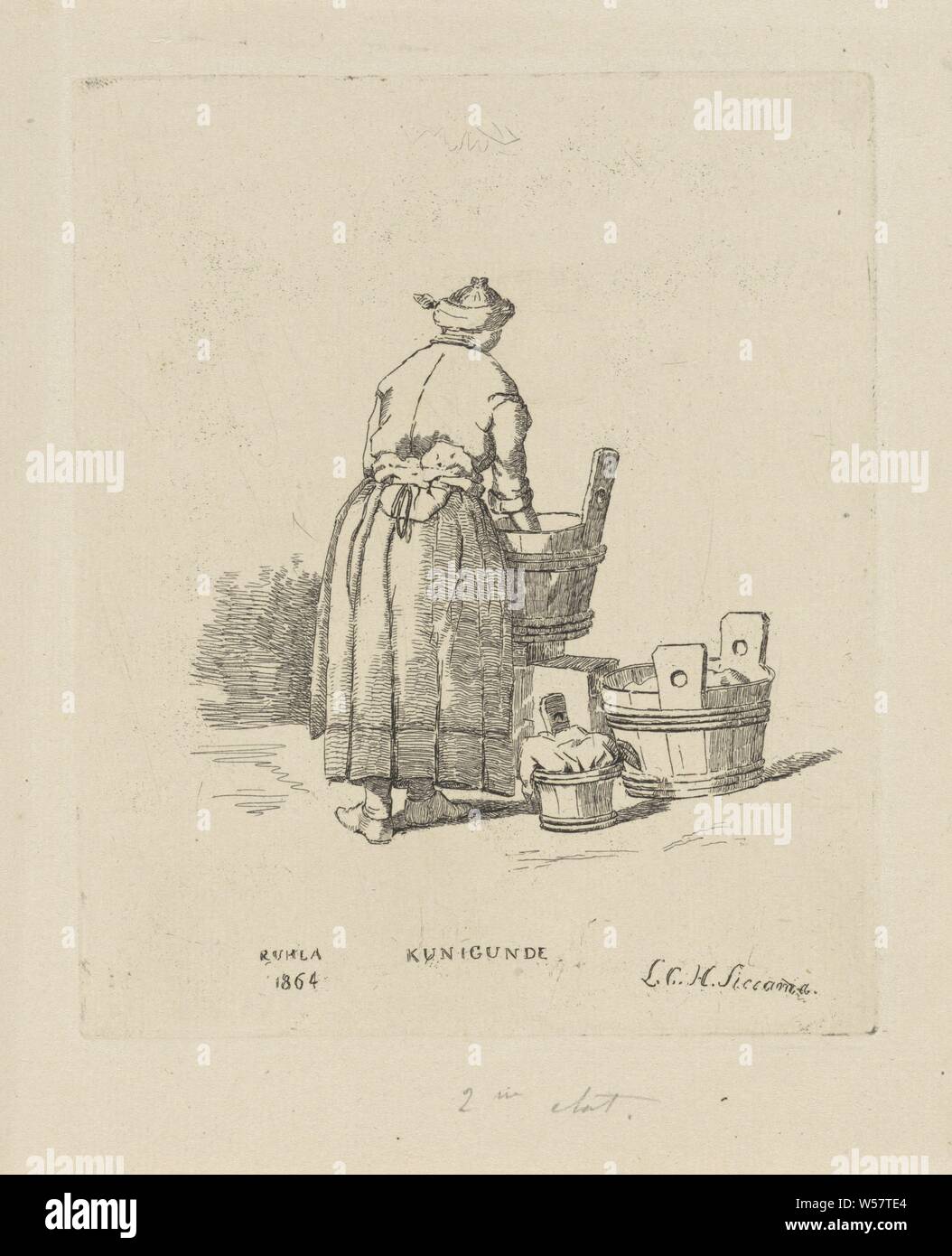Laundress Kunigunde (title on object), A woman does the laundry in a large tub. A second tub stands on the floor next to her. In addition, a smaller tub with laundry, wash house, home laundry, laundry room, Louis Charles Hora Siccama (mentioned on object), Utrecht, 1864, paper, etching, h 146 mm × w 120 mm Stock Photo