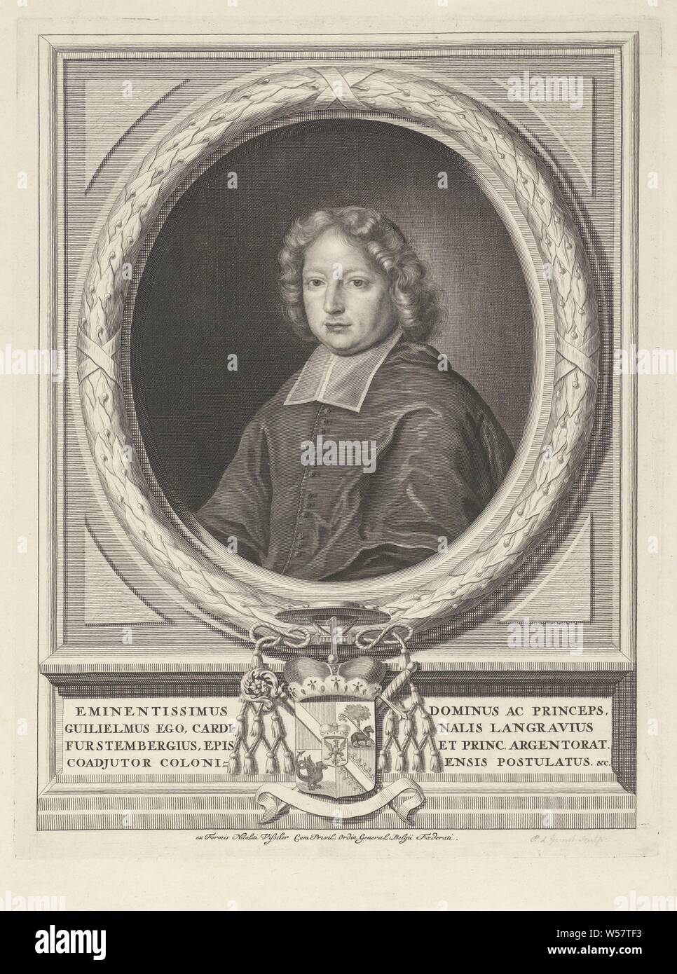 Portrait of Bishop Wilhelm Egon von Fürstenberg-Heiligenberg, Wilhelm Egon von Fürstenberg-Heiligenberg, Bishop of Metz and Strasbourg and Archbishop of Cologne. Below the portrait are coat of arms, Pieter van Gunst (mentioned on object), Amsterdam, 1688 - 1731, paper, engraving, w 293 mm × h 379 mm Stock Photo