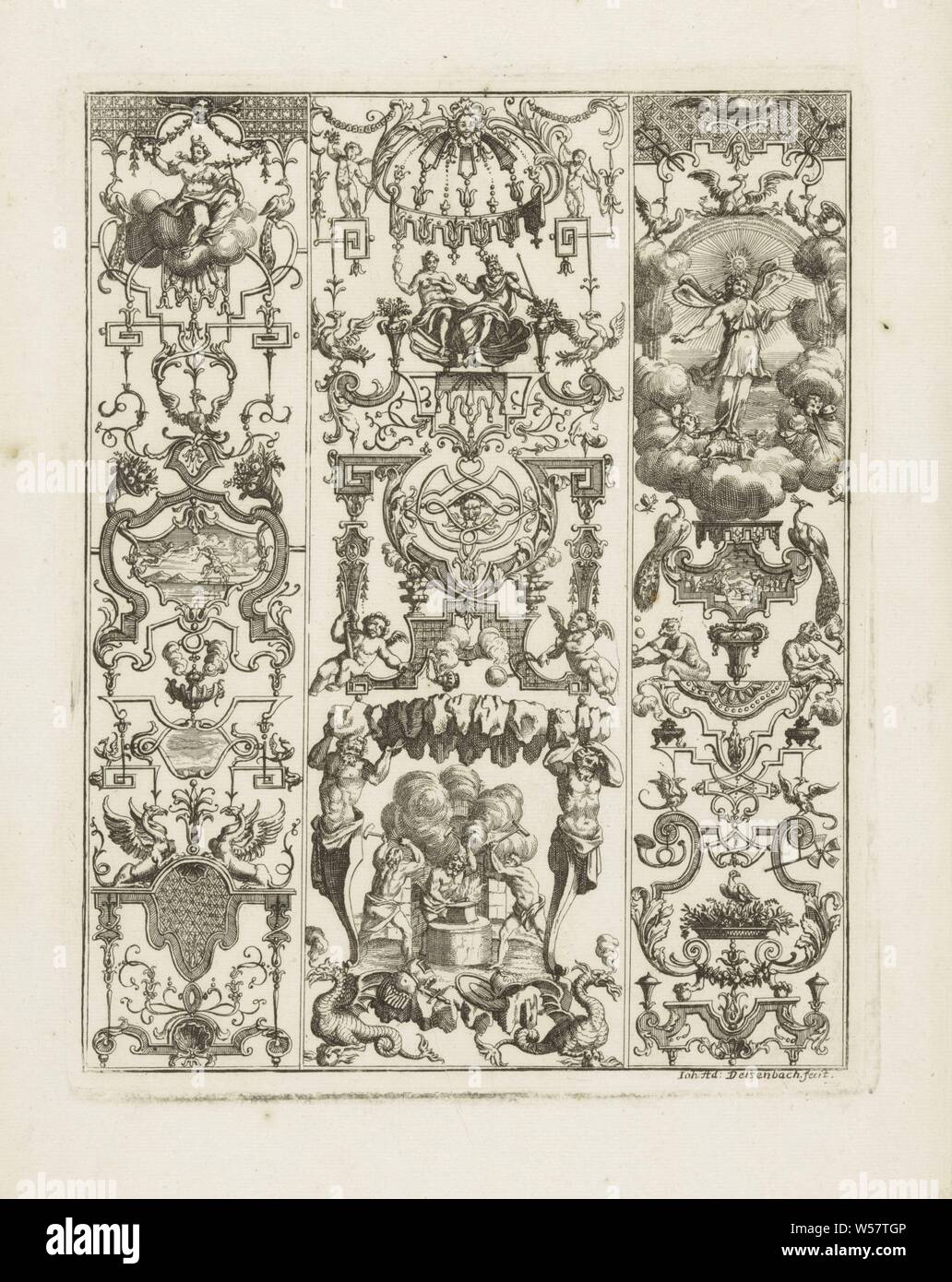 Grotesques with Diana and winged female figure Neues Groteschgen-Werk (series title), Three pilasters with grotesques and various mythical figures and scenes, ornament, grotesque, (story of) Diana (Artemis), Abstract Ideas and Concepts (clothed with wings), Johann Adam Delsenbach (mentioned on object), Neurenberg, 1700 - 1725, paper, etching, h 218 mm × w 170 mm Stock Photo