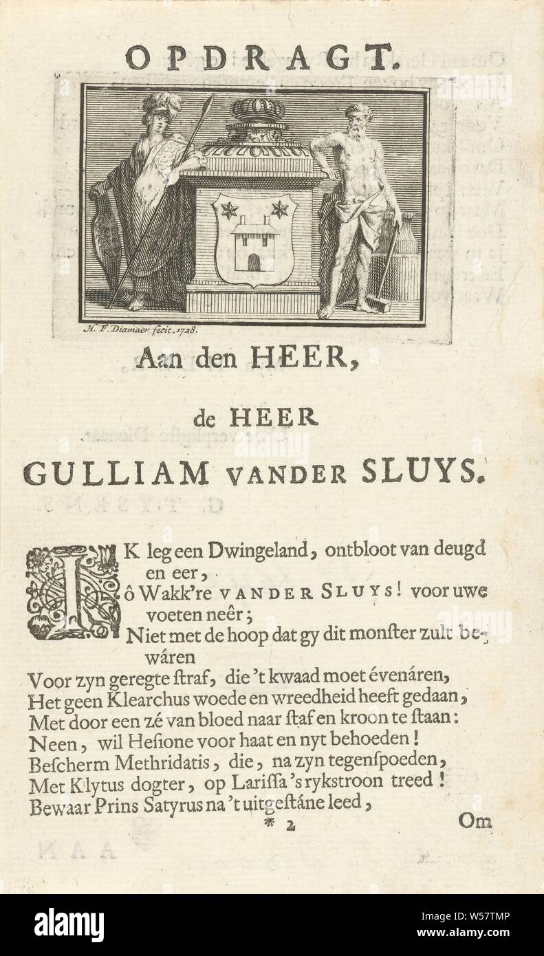 Assignment to Willem van der Sluys with weapon flanked by Minerva and Hercules Klearchus foreland of Heraklea (series title), Assignment to Willem van der Sluys with weapon flanked by Minerva and Hercules. Text on recto and verso in letterpress, (story of) Minerva (Pallas, Athena), (story of) Hercules (Heracles), Hendrik Frans Diamaer (mentioned on object), Zuid-Nederland, 1728, paper, letterpress printing, h 151 mm × w 93 mm Stock Photo