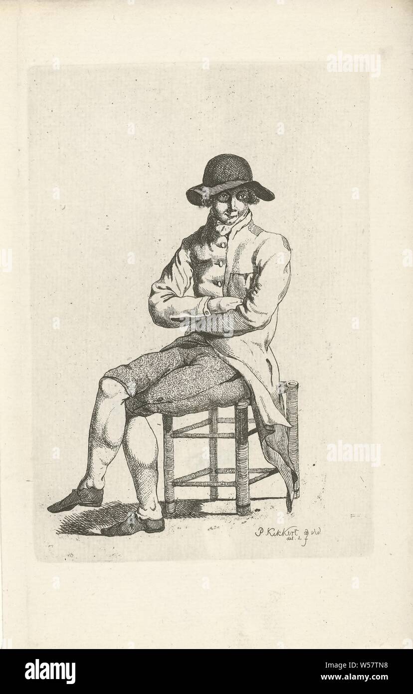 Man on a stool Gerrit den Doctor, On a stool is a man who has crossed his  arms and legs. He wears a hat with a wide brim, sitting figure (front view),