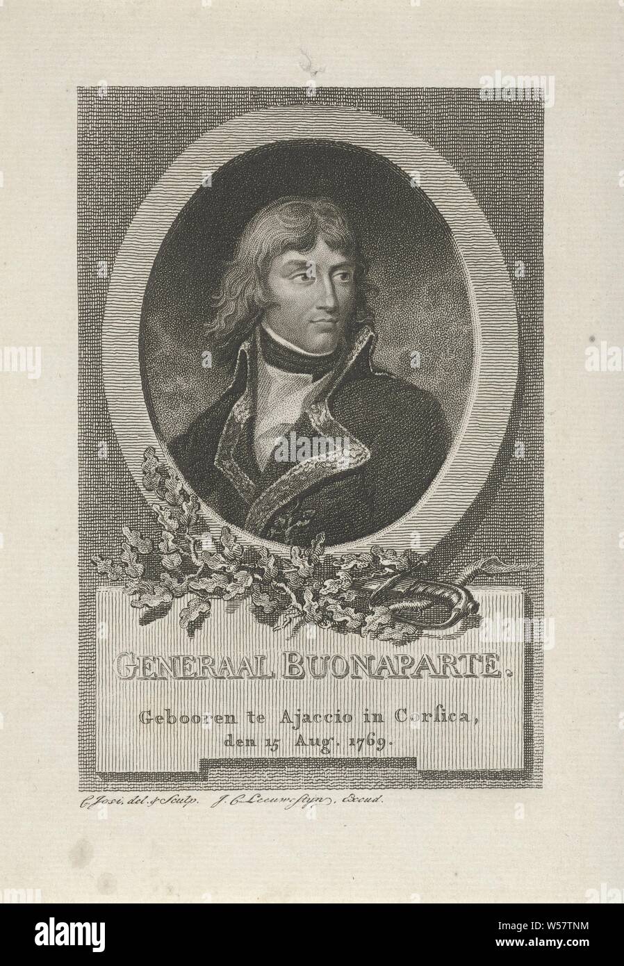 Portrait of Napoleon I Bonaparte, Bust Portrait of Napoleon I Bonaparte, Emperor of the French. The portrait is set in an oval frame with oak leaves underneath. In the context the name of the person portrayed and a two-line caption in Dutch, Napoleon I Bonaparte (Emperor of the French), Christiaan Josi (mentioned on object), Noord-Nederland, 1784 - 1828, paper, engraving, h 199 mm × w 138 mm Stock Photo