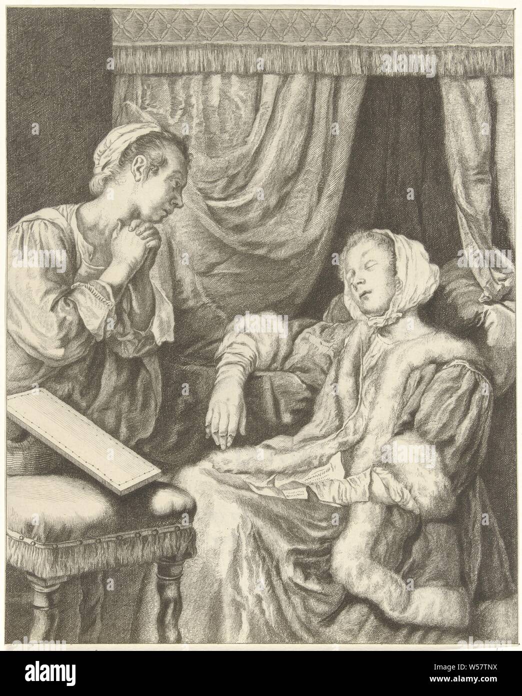 Interior with two women Lady in powerlessness, Interior with a sleeping woman by a bedstead. A letter is on her lap. Her maid watches, sleeping in chair, maid, house personnel, Christiaan Josi (mentioned on object), Noord-Nederland, 1821, paper, drypoint, h 225 mm × w 182 mm Stock Photo