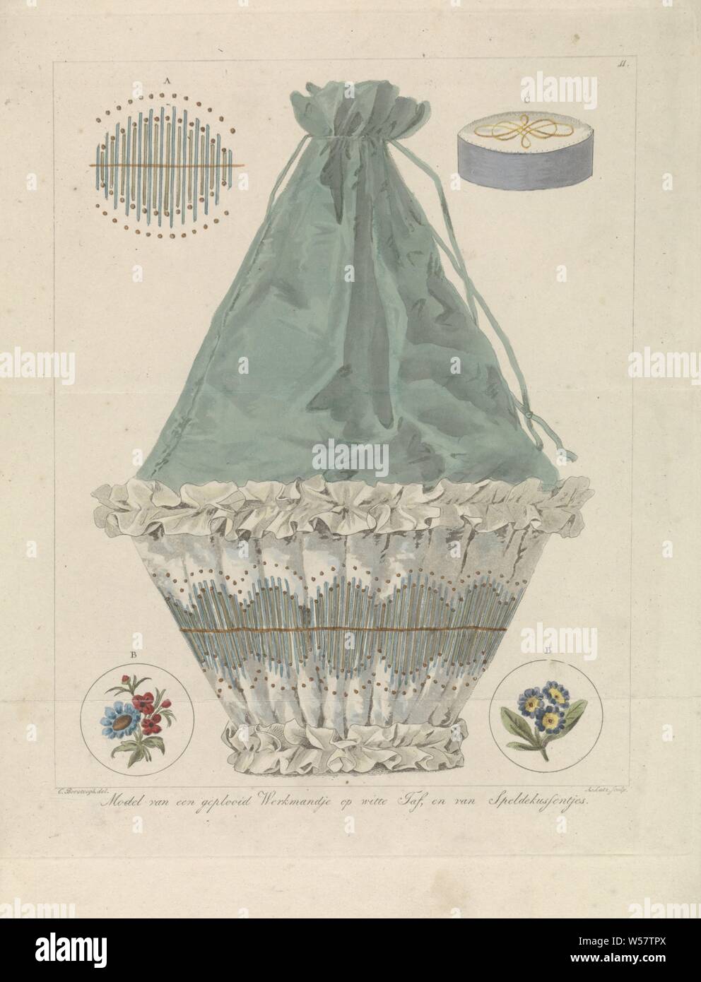 Model of a folded work basket and pin cushions, Model of a folded work basket and pin cushions. Print numbered top right: 11, container made or plant material other than wood: basket, A. Lutz (mentioned on object), The Hague, 1809 - 1822, paper, brush, h 261 mm × w 219 mm Stock Photo