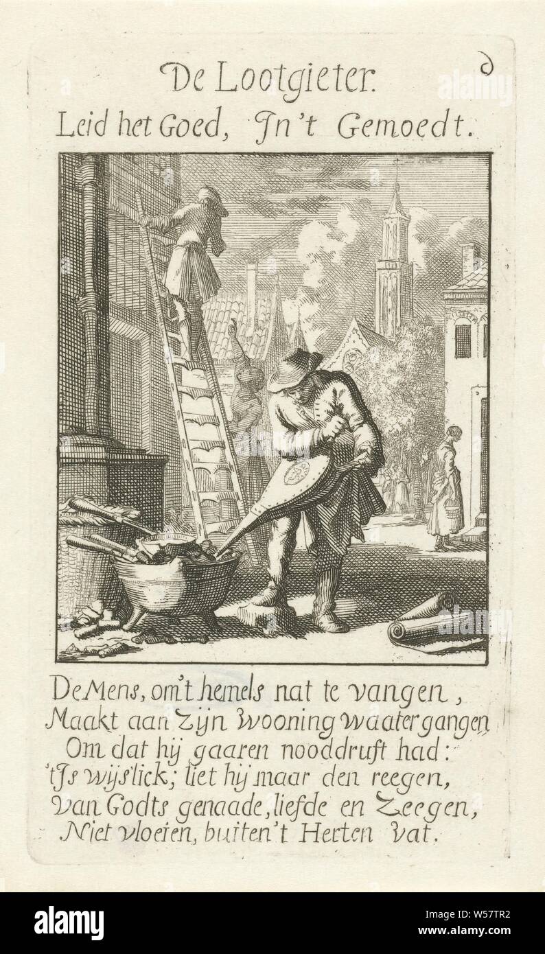 Plumber De Lootgieter (title on object) The Menselyk Bedryf (series title), plumber, handicrafts, craftsman at work, Jan Luyken, Amsterdam, 1694, paper, etching, h 139 mm × w 83 mm Stock Photo