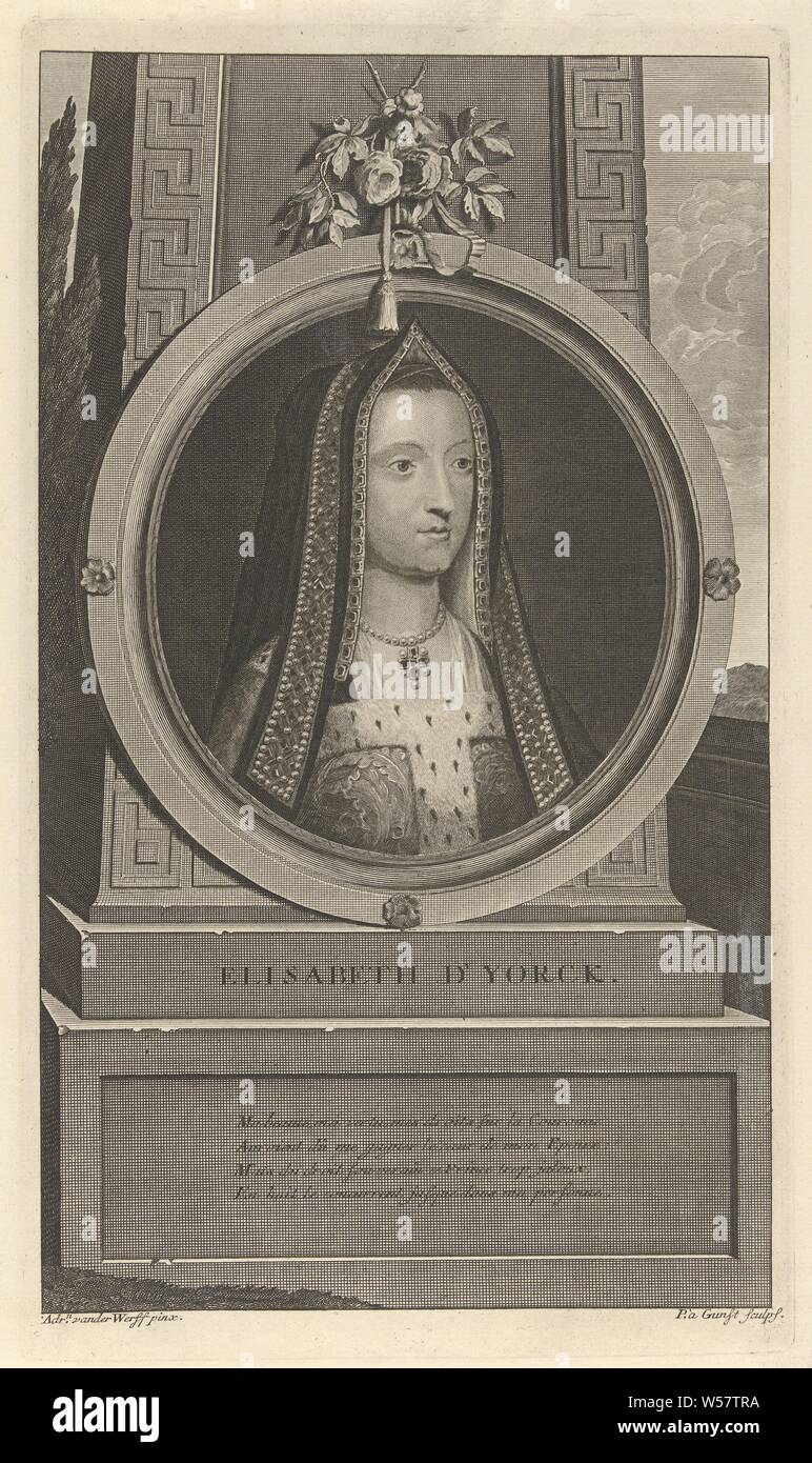 Portrait of Queen Consort Elizabeth of York, Elizabeth of York, Queen of England and wife of Henry VII. The print has a French poem about her life, as a caption, Pieter van Gunst (mentioned on object), Amsterdam, c. 1669 - 1731, paper, etching, h 318 mm × w 182 mm Stock Photo