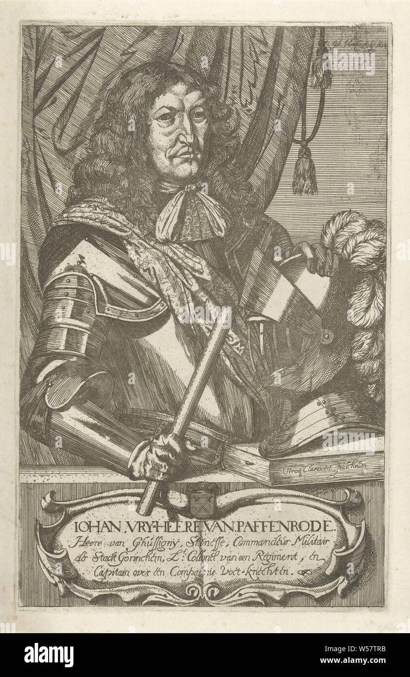 Portrait of Johan, free man of Paffenrode, Half-length portrait to the right of Johan, lord of Gussigny, in armor. His left hand rests on a helmet, in his right he holds a command staff. In front of him is a book with the text Utroque clarescere pulchrum. Below the portrait a cartouche with his name and a three-line text in Dutch, military clothing and other equipment (uniforms, cap, armor, helmet, etc.), Johan, Vrijheer van Paffenrode, Jan van Haensbergen (mentioned on object), Gorinchem, 1674, paper, etching, h 253 mm × w 160 mm Stock Photo