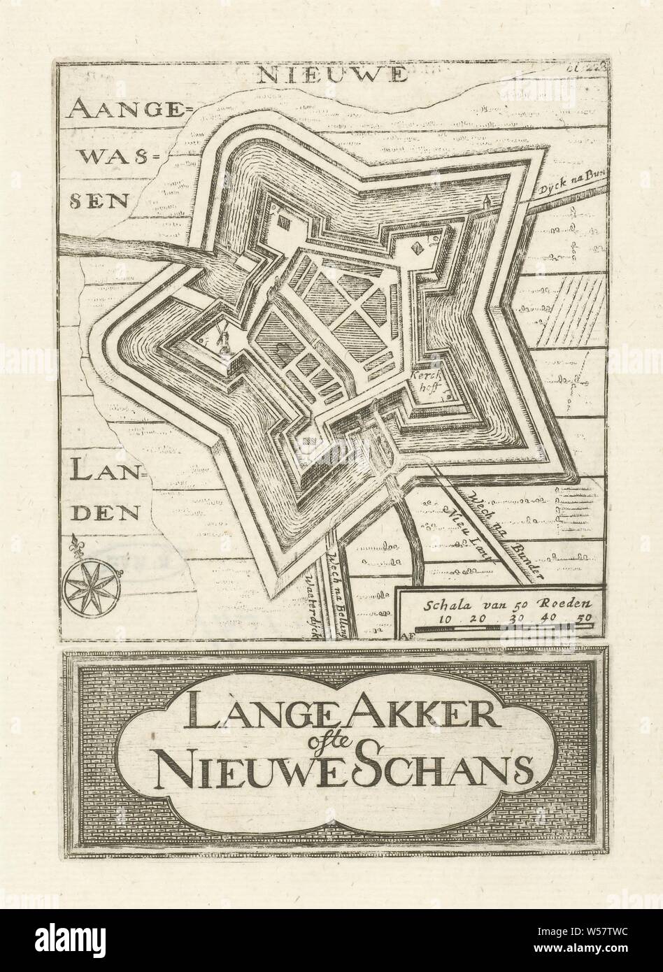 Map of Nieuweschans Lange Akker of the Nieuwe Schans (title on object), Two prints on one sheet: At the top a print with a representation of a map of Nieuweschans and below a print with the title in a cartouche. In the upper print at the bottom right a scale and top right: bl. 228, maps, atlases, Nieuweschans, Hendrik Hofsnider (mentioned on object), Groningen, 1743, paper, etching, h 101 mm × w 97 mm × h 38 mm × w 97 mm Stock Photo