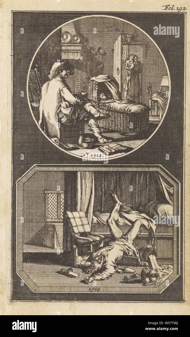 Deceived father / man fallen out of bed, Two representations of lottery spells, each with its own number. Above n. 1512: a representation in a round list of a man who cradles a child's bed with a cord. That the child is not his, is made clear in the background, where his wife has a relationship with another man. Under n. 1514: a representation in an octagonal frame of a bedroom, with a man who has fallen out of bed and gets his room pot over him. The print has a page number on the top right, chamber-pot, bed, falling, with the unwanted third party, father-love, cradle, crib, Jan Goeree Stock Photo