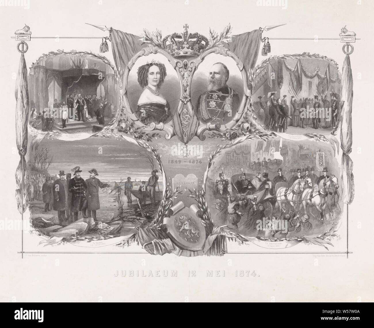 Twenty-five years anniversary of King William III and Queen Sophie, 1874 Jubilaeum May 12, 1874 (title on object), Print in honor of the twenty-five years anniversary of King Willem III and Queen Sophie, 1874. In the middle the portraits of King Willem III and Queen Sophie, both half-length in an oval with the crown in between. Around the portraits four cartouches containing important events from the reign of William III, such as the inauguration on 12 May 1849. At the bottom the coat of arms with the Dutch lion, with a bundle of arrows and behind it a stone with 'constitution', rescue work Stock Photo