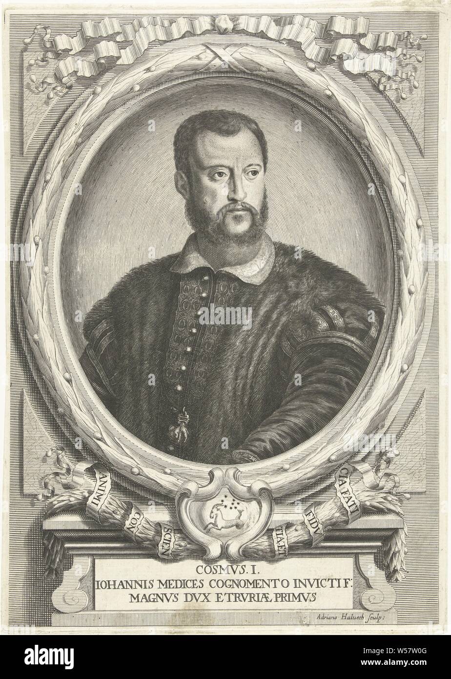 Portrait of Cosimo I de Medici Portraits of the De 'Medici (series title), Half-length portrait of Cosimo I de Medici, Tuscany's first grand duke, in an oval surrounded with a laurel wreath. At the bottom in a cartouche a mythical creature by a star. Below that on a tablet under a plinth his name and two lines in Latin, fashion, clothing (used for clothes), Cosimo I de'Medici, Adriaen Haelwegh (mentioned on object), Northern Netherlands, c. 1647 - c. 1696, paper, engraving, h 357 mm × w 252 mm Stock Photo