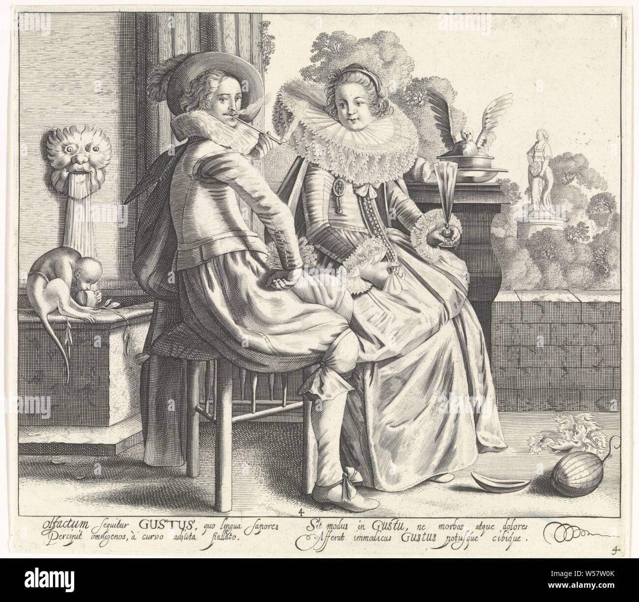 Gustus / De Smaak Five senses (series title), On a platform - overlooking a garden - sits an elegant couple, dressed in the fashion of ca. 1625-'30. The lady has a glass in the left hand and wears a frock with a very wide millstone collar. There is a melon on the floor in front of the couple and a monkey sitting by the fountain holding a fruit by its snout. Below the image two columns with Latin text. The print is part of a series with prints on the five senses, clothes, costume (men's clothes), costume (women's clothes), neck-gear, clothing (with NAME) (women's clothes), clothing (with NAME Stock Photo