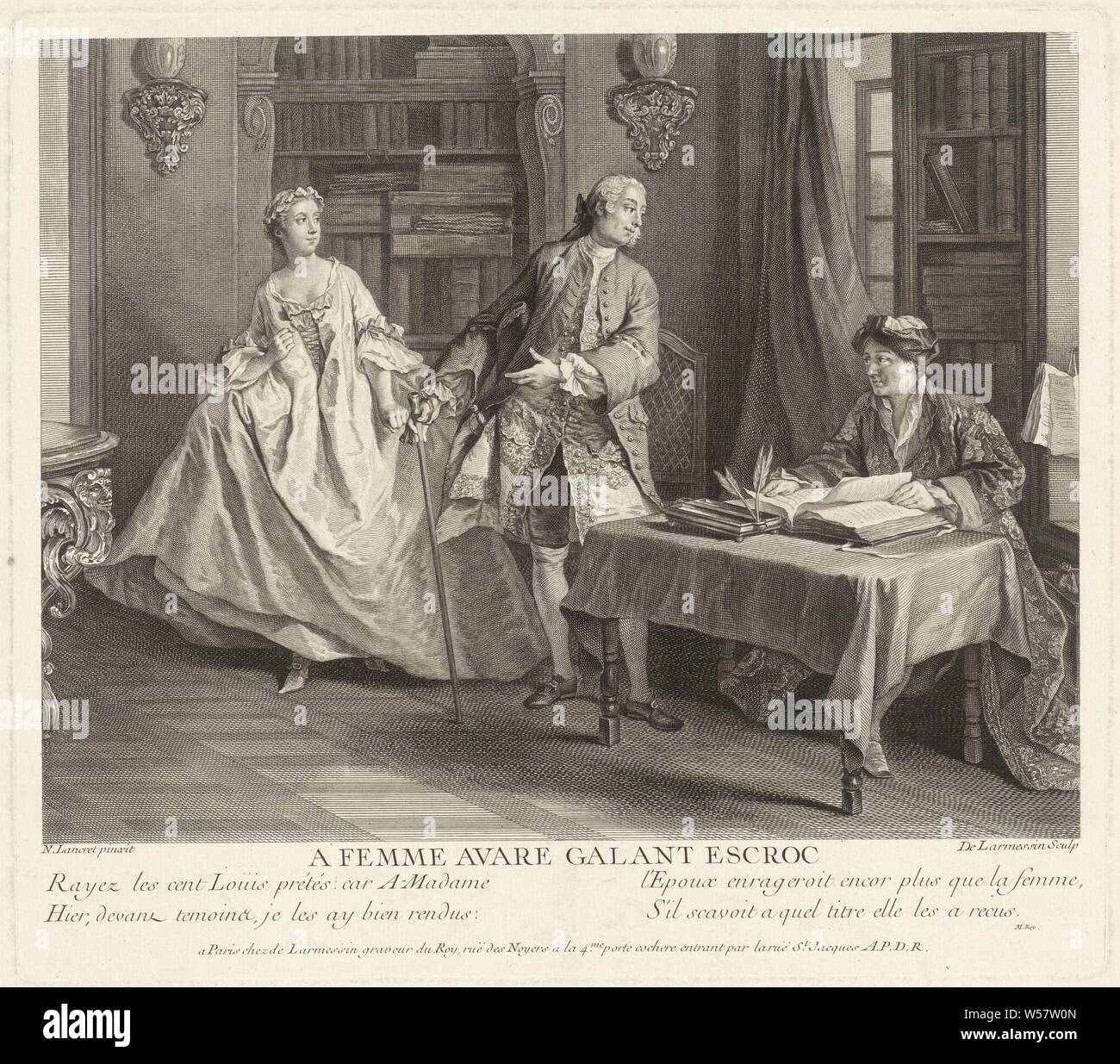 Gulphar declares Gasparin that he gave the money to his wife A femme avare, gallant Escroc (title on object) Stories of Jean de La Fontaine (series title) Contes de La Fontaine (series title on object), partner deceived, miser, Achille Devéria (mentioned on object), 1823, paper, h 352 mm × w 280 mm Stock Photo