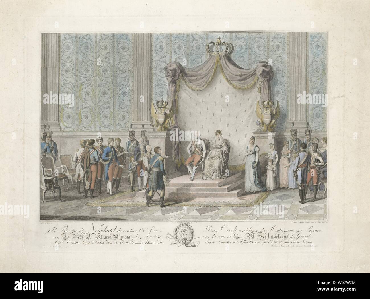 Prince of Neuchâtel in front of Maria Louise of Austria, View in a palace hall where the prince of Neuchâtel is led in front of the throne Maria Louise of Austria to marry with glove for Napoleon, palace - AA - civic architecture: inside, marriage contract, Marie Louise of Austria (Empress of the French), Carlo Lasinio (mentioned on object), 1810, paper, engraving, h 471 mm × w 637 mm Stock Photo